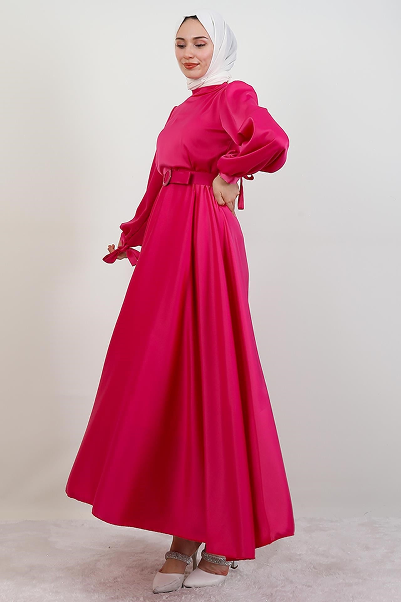 Saten Kemerli Elbise Pembe