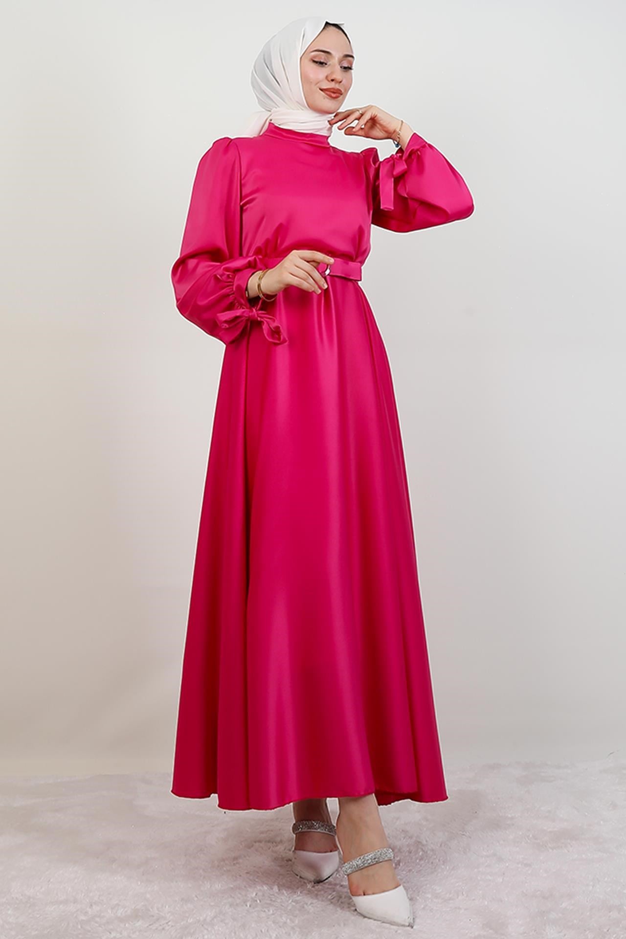 Saten Kemerli Elbise Pembe
