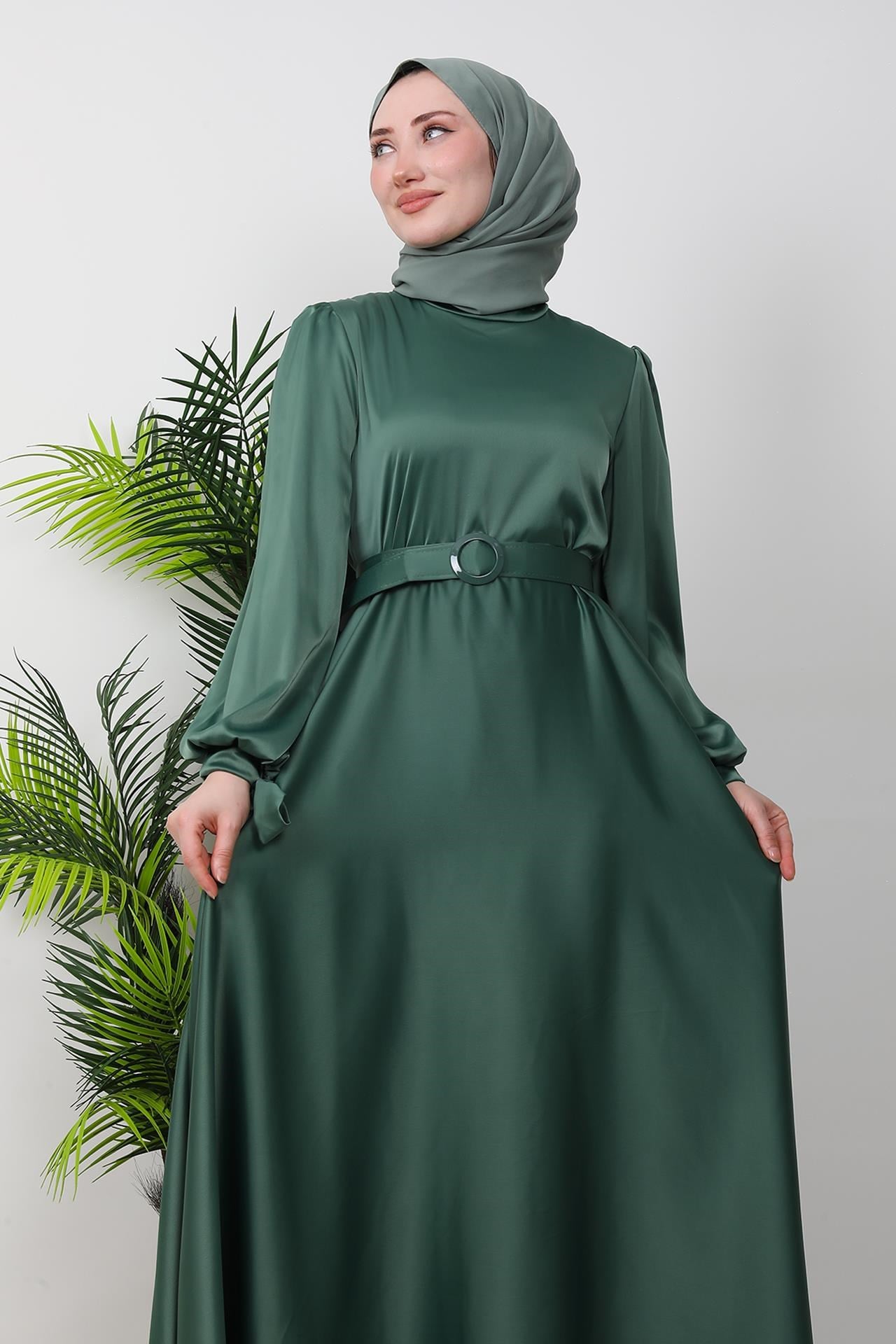 Saten Kemerli Elbise Soft Yeşil