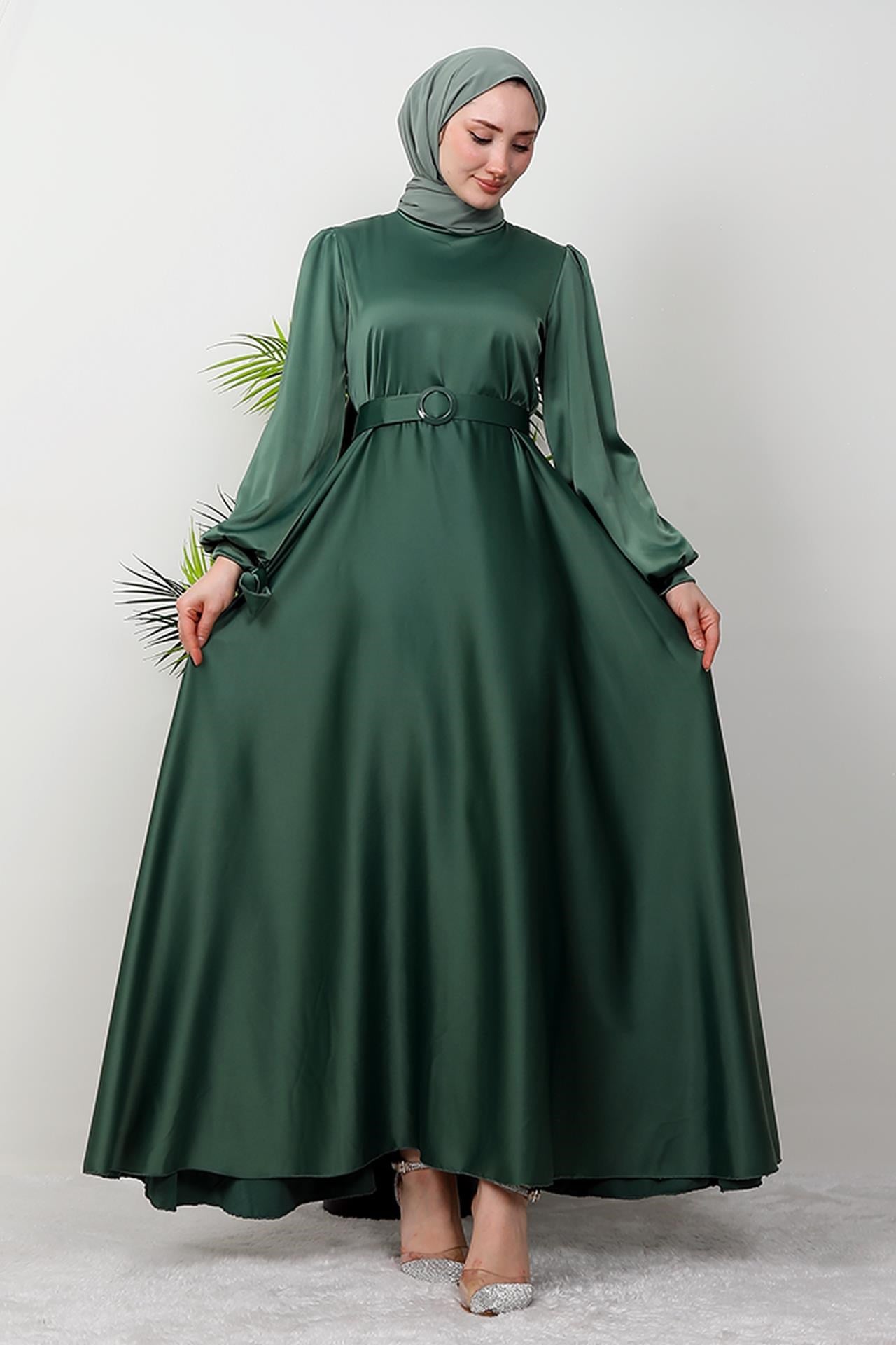 Saten Kemerli Elbise Soft Yeşil