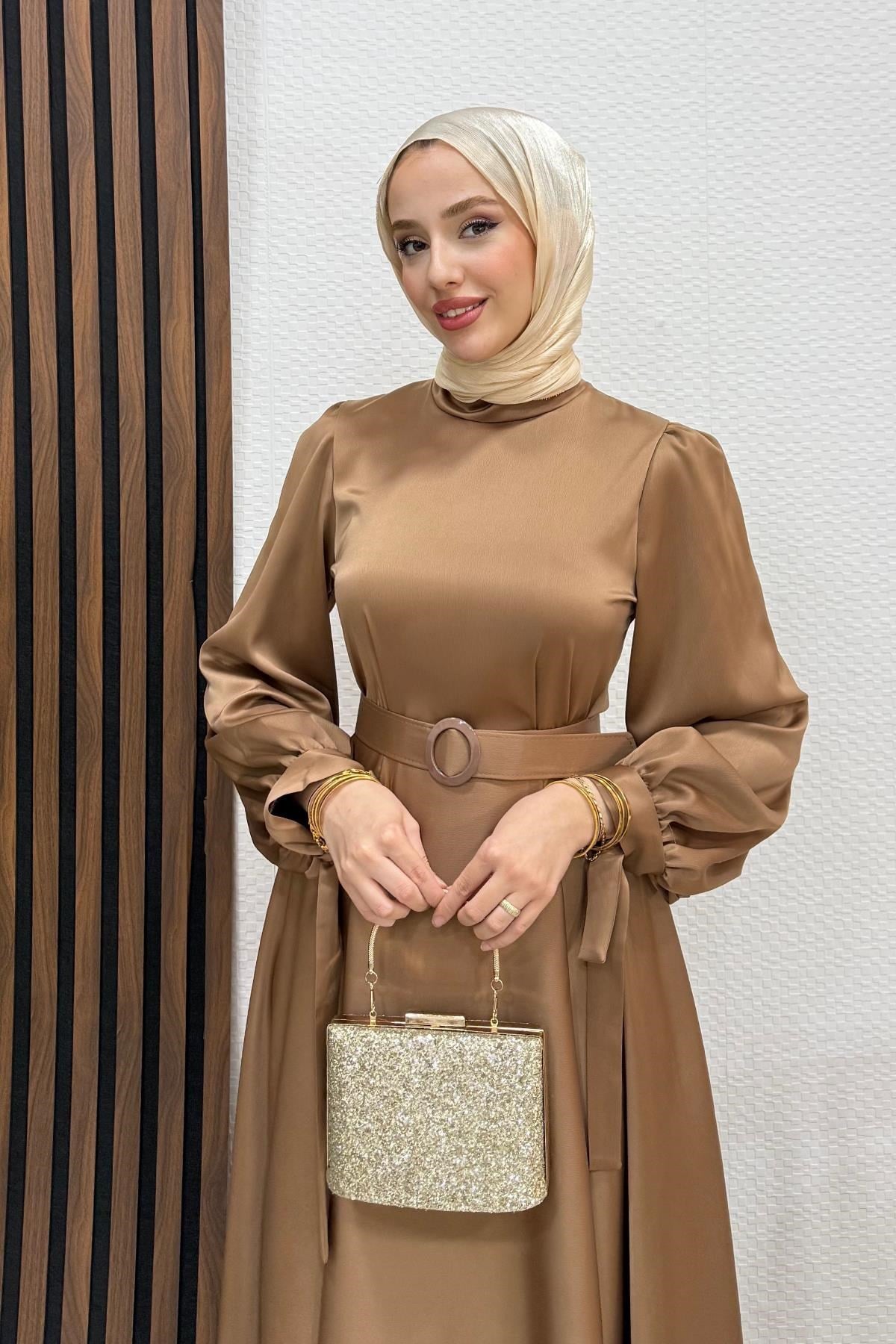 Saten Kemerli Elbise Sütlükahve