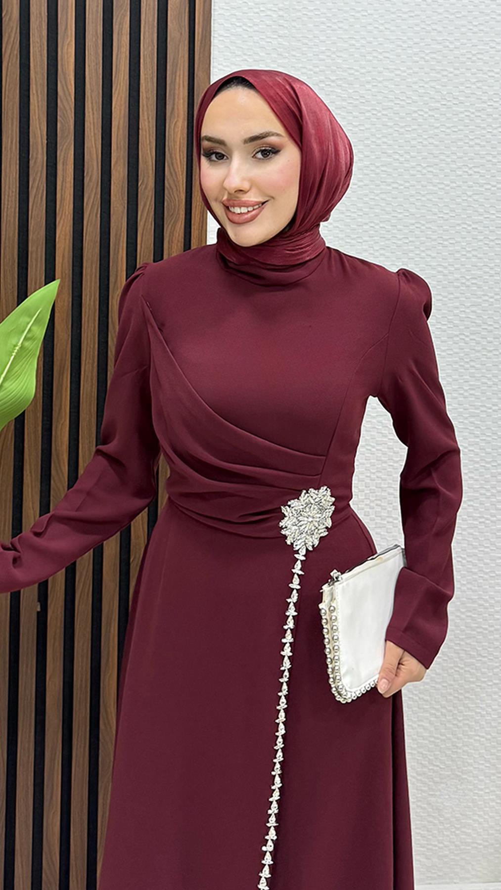 Şerit Taş Krep Abiye Bordo