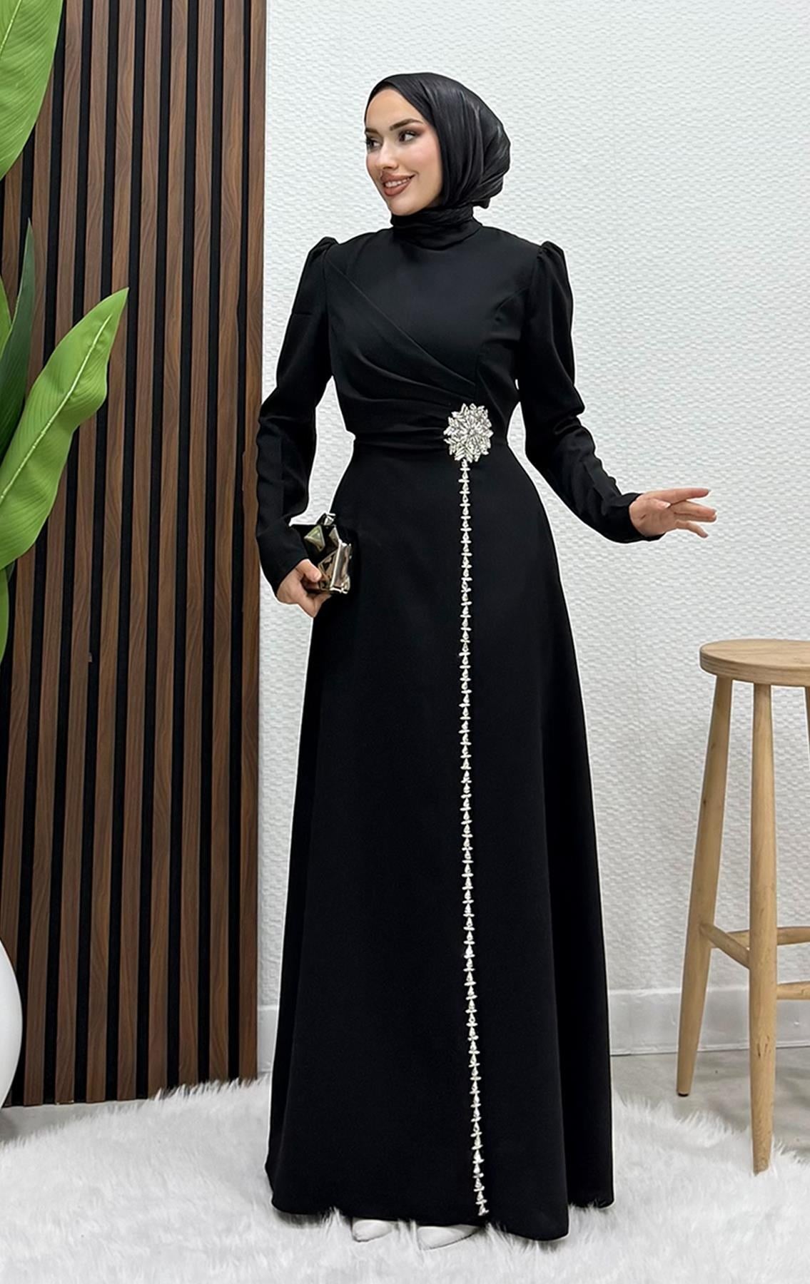 Şerit Taş Krep Abiye Siyah