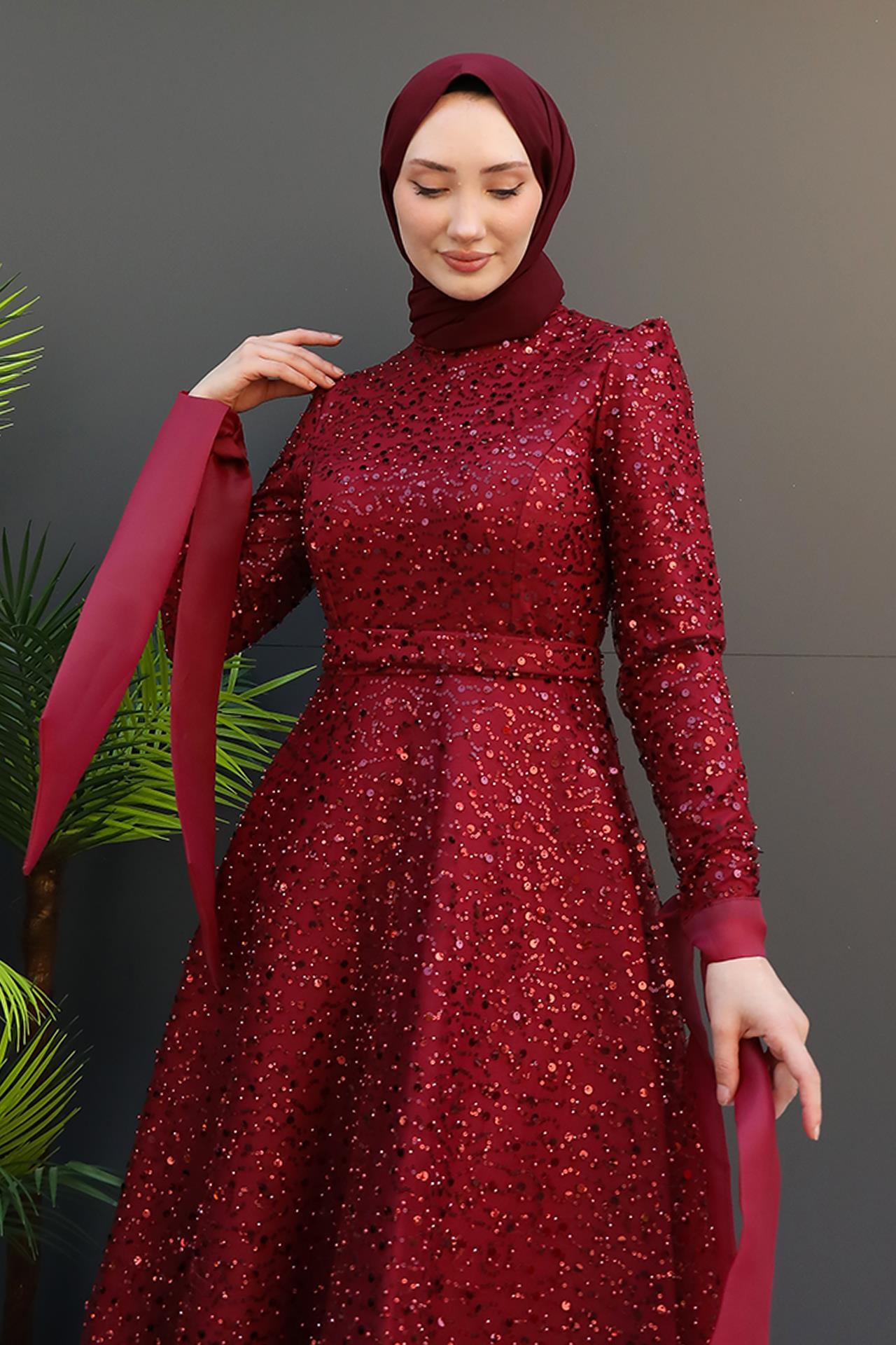 Simay Tesettür Abiye Bordo