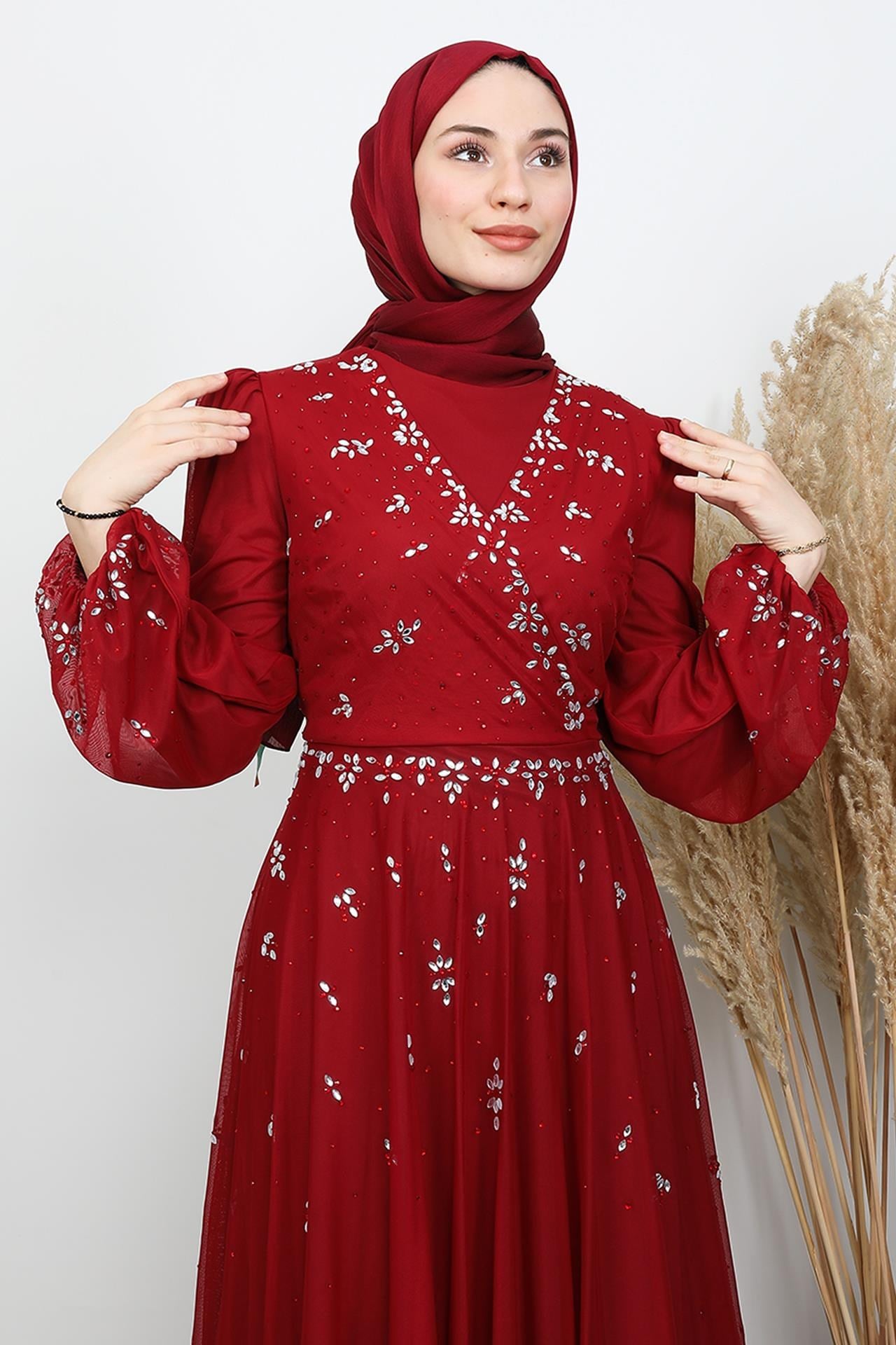 Şirin Tül Abiye Bordo
