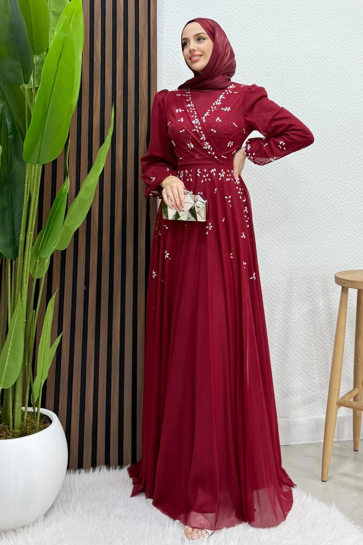 Şirin Tül Abiye Bordo