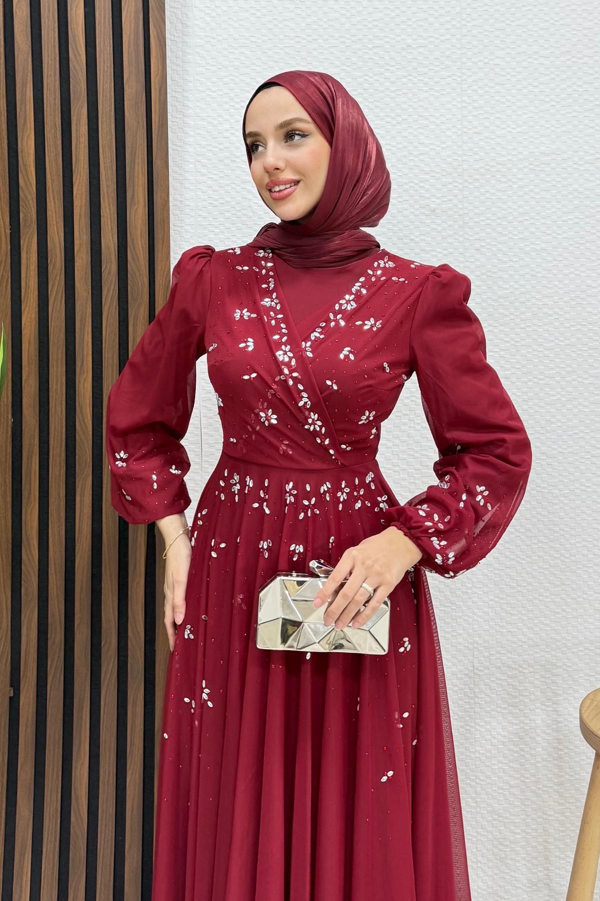 Şirin Tül Abiye Bordo