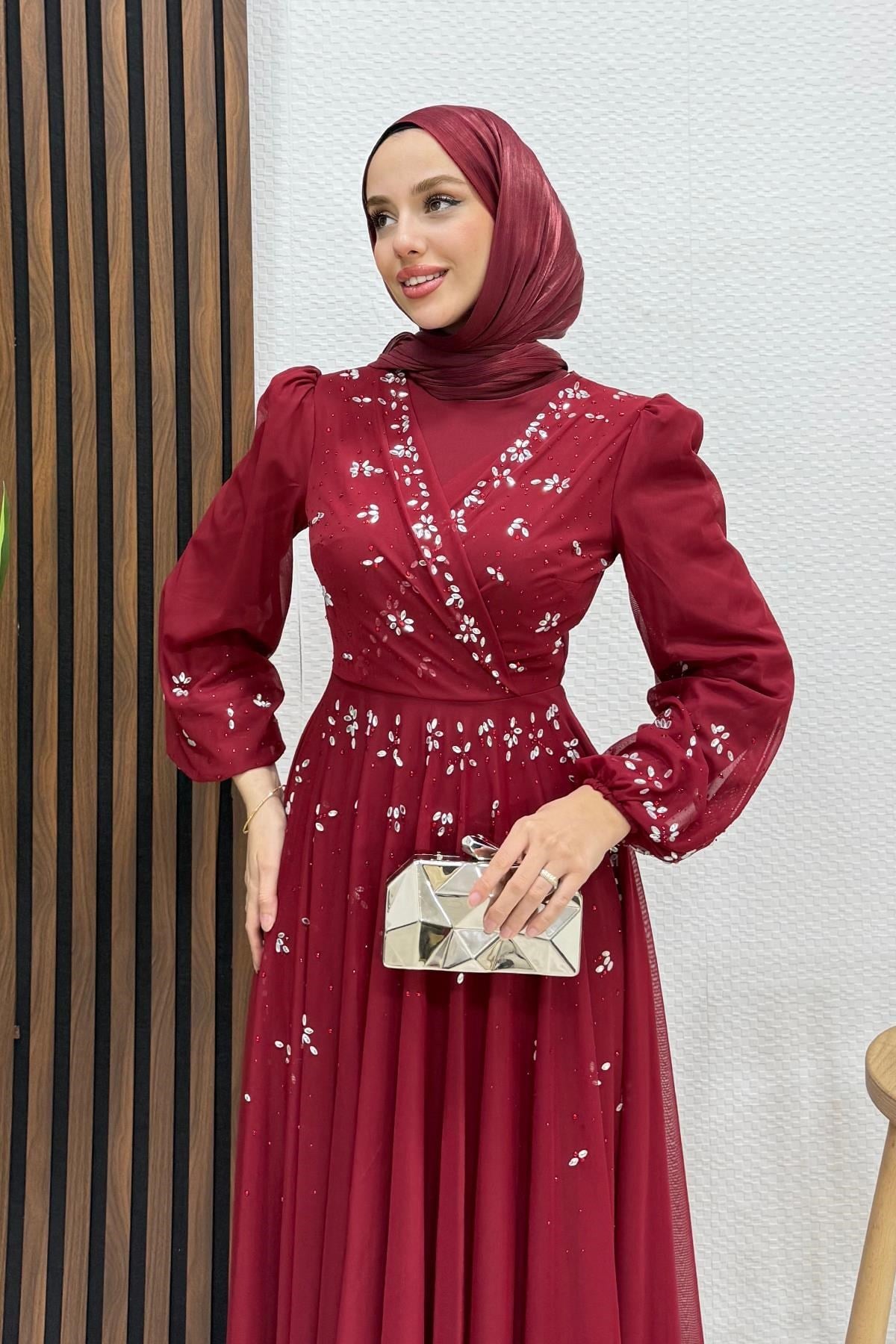 Şirin Tül Abiye Bordo