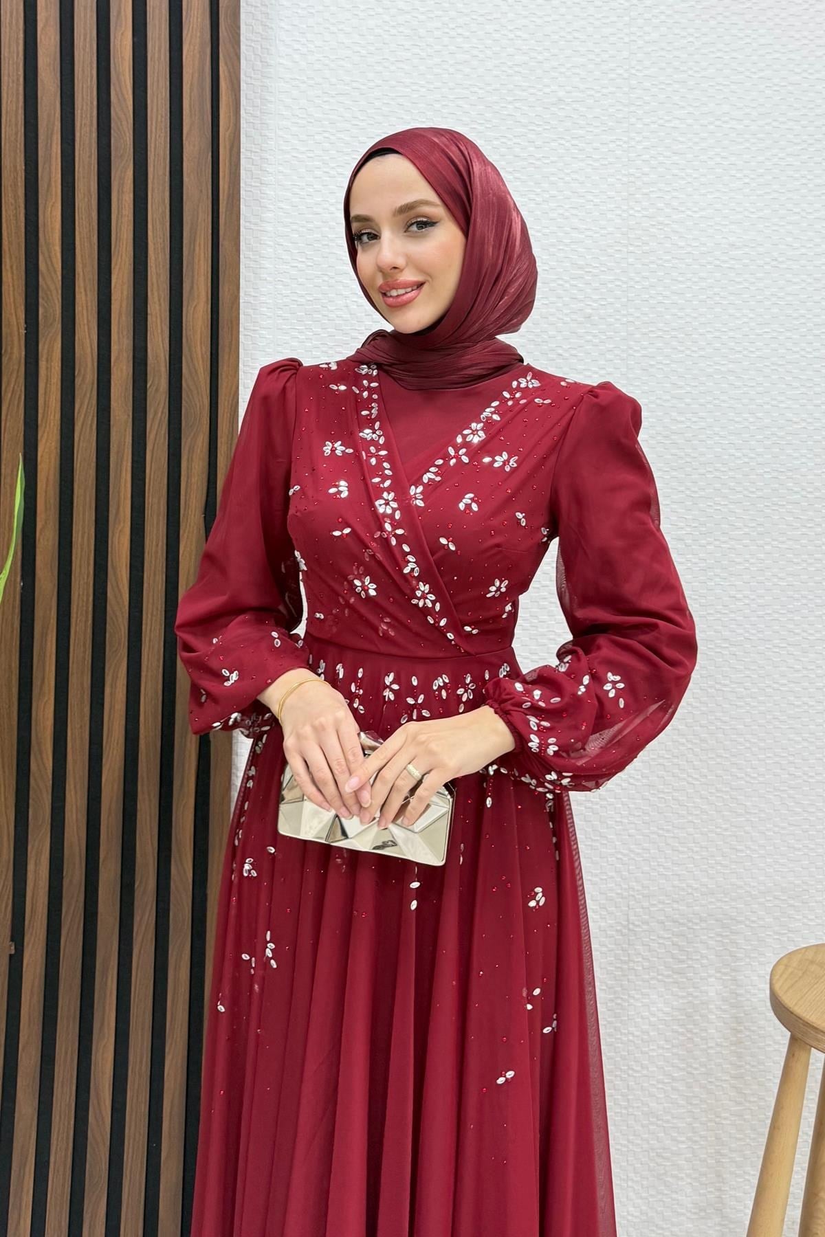 Şirin Tül Abiye Bordo