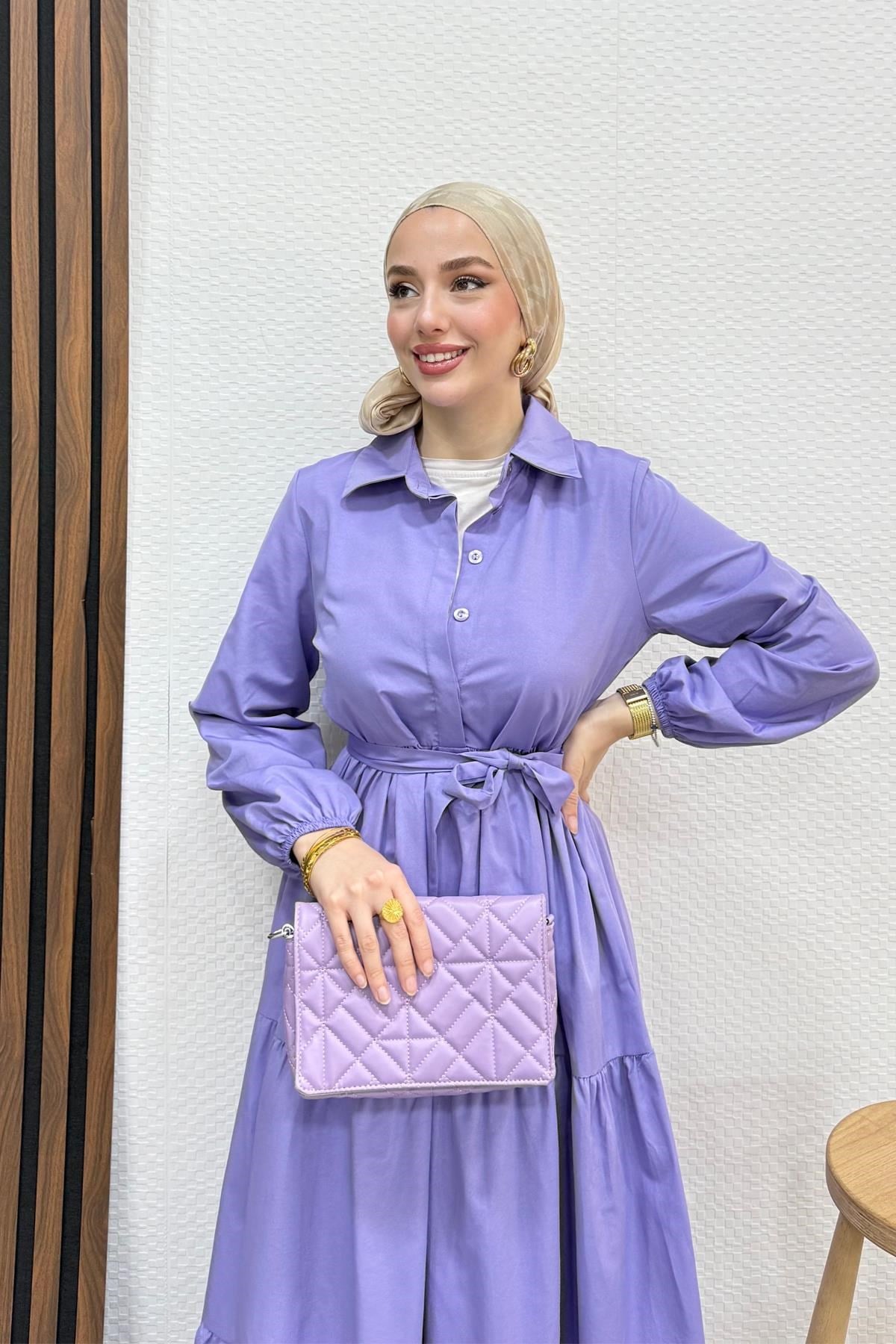 Standart Yaka Düğmeli Elbise A Lila