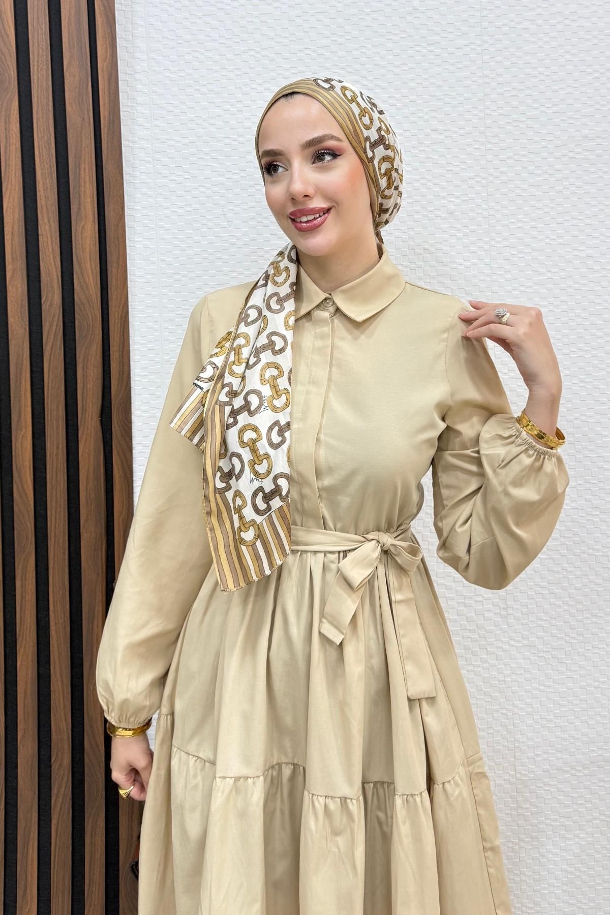 Standart Yaka Düğmeli Elbise Bej