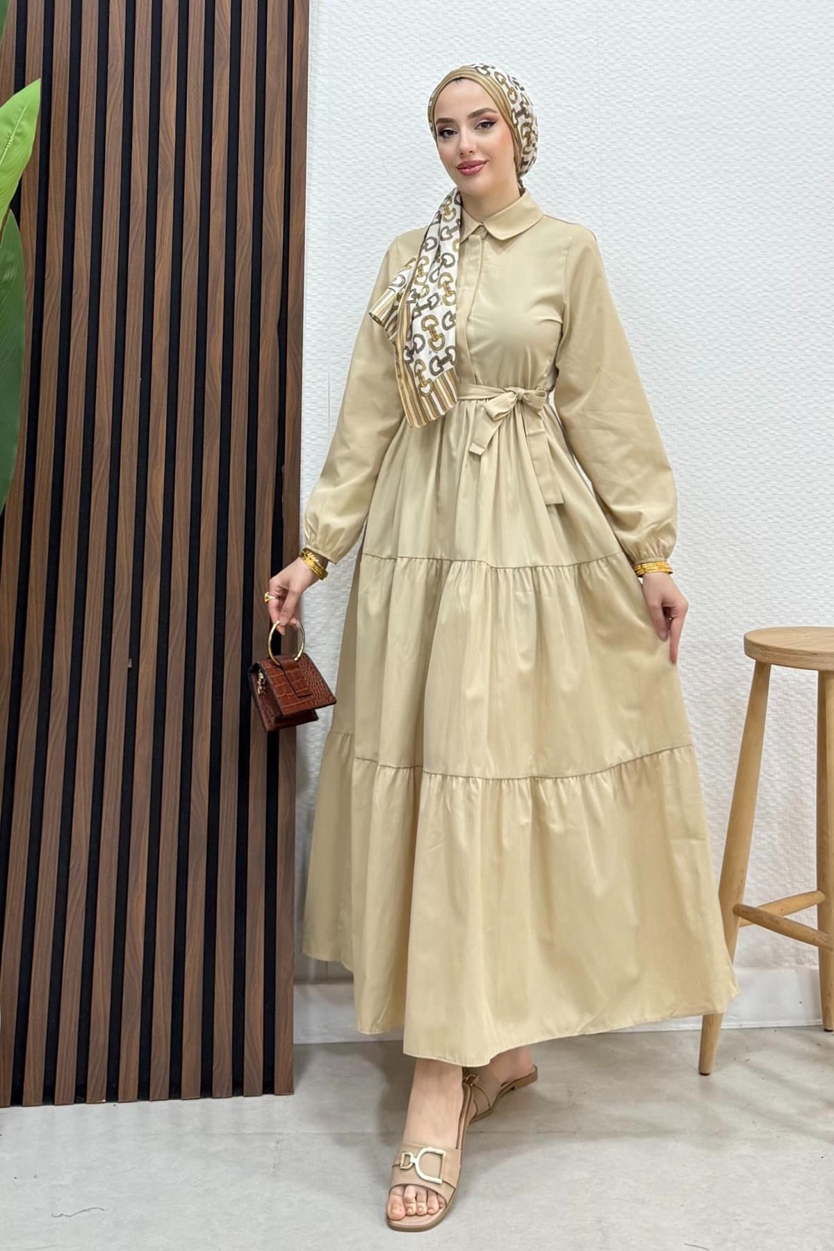 Standart Yaka Düğmeli Elbise Bej