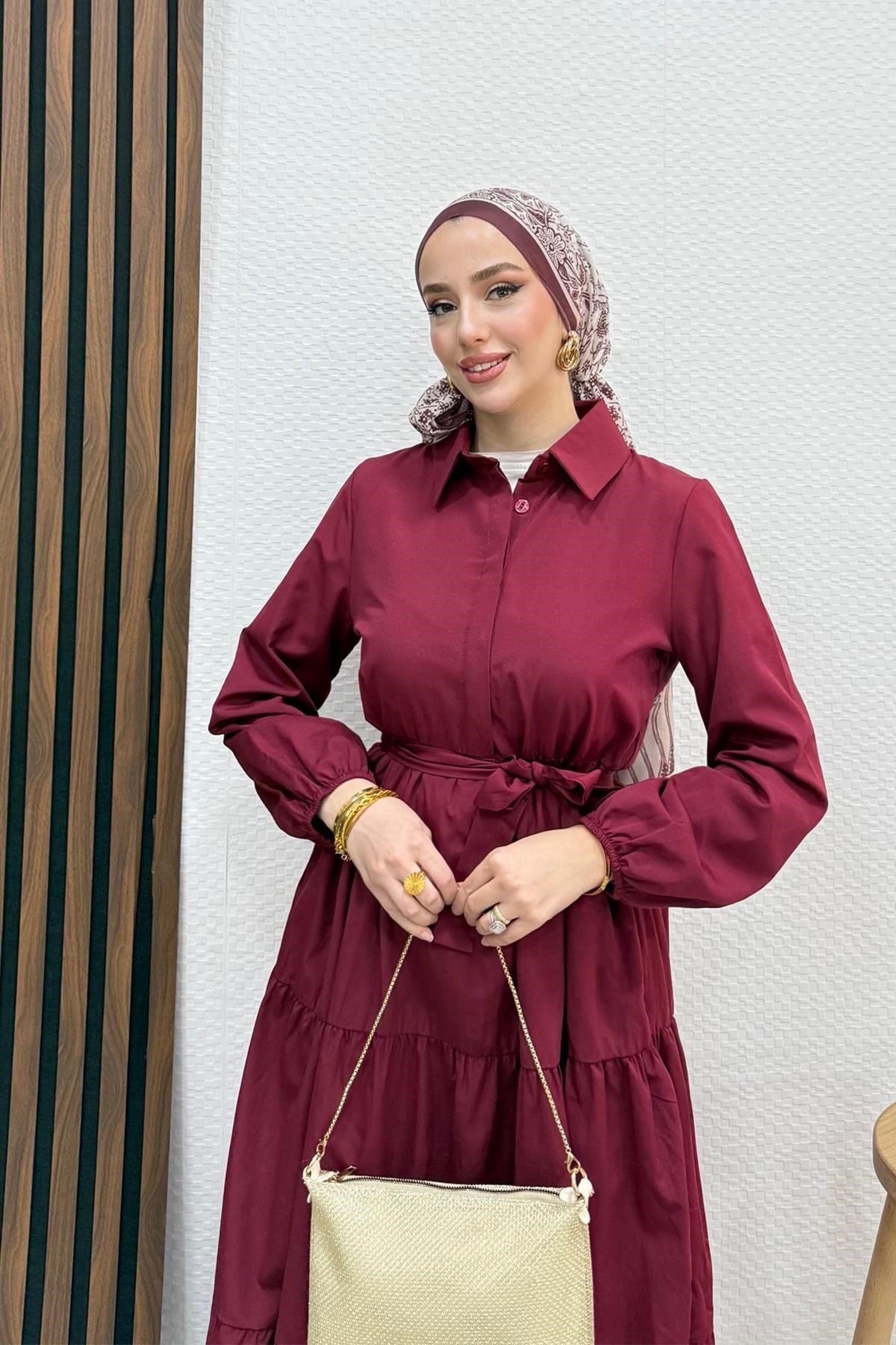Standart Yaka Düğmeli Elbise Bordo