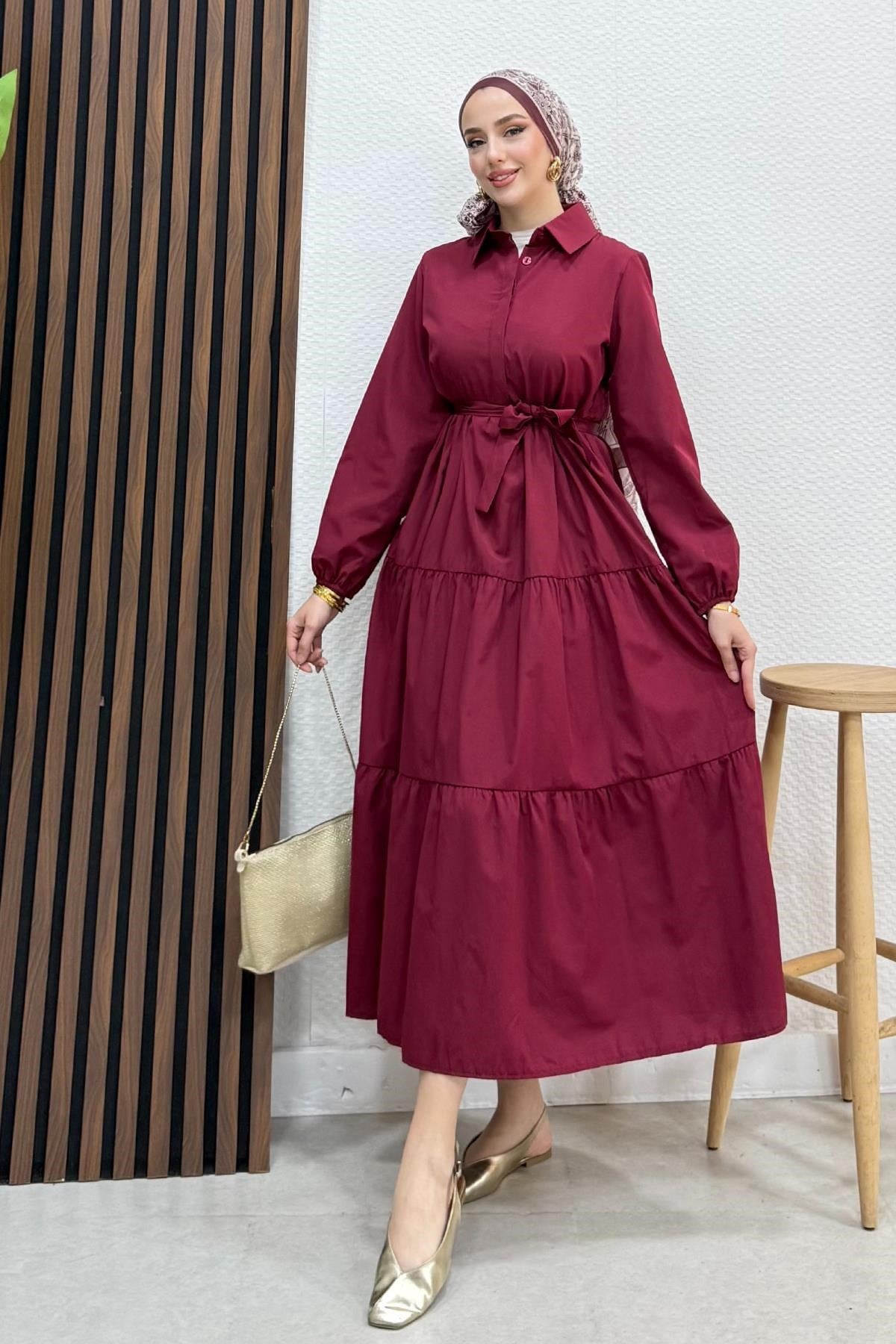 Standart Yaka Düğmeli Elbise Bordo