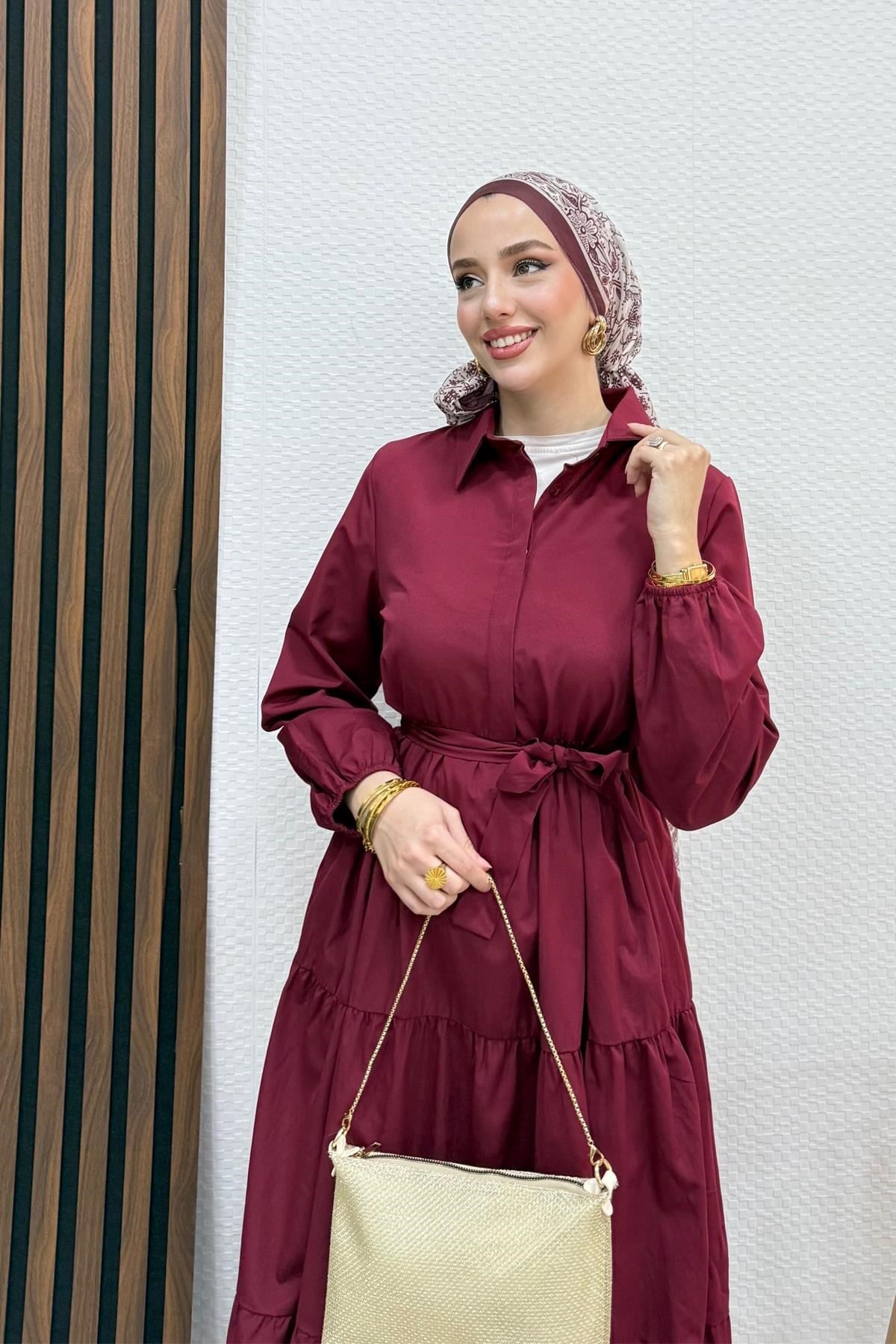 Standart Yaka Düğmeli Elbise Bordo