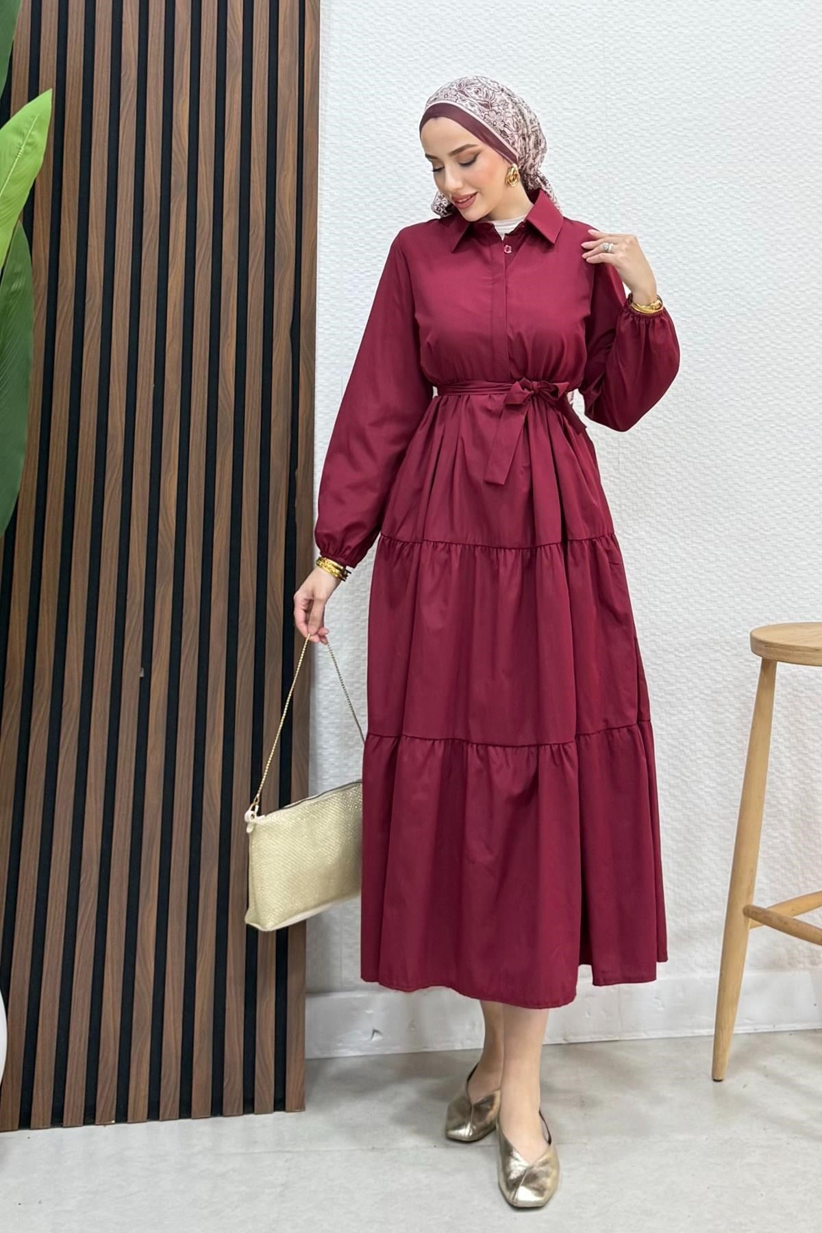Standart Yaka Düğmeli Elbise Bordo