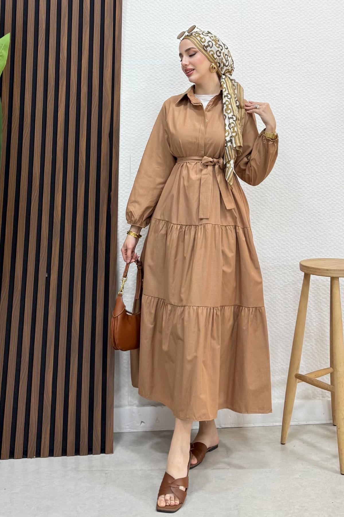 Standart Yaka Düğmeli Elbise Koyu Bisküvi