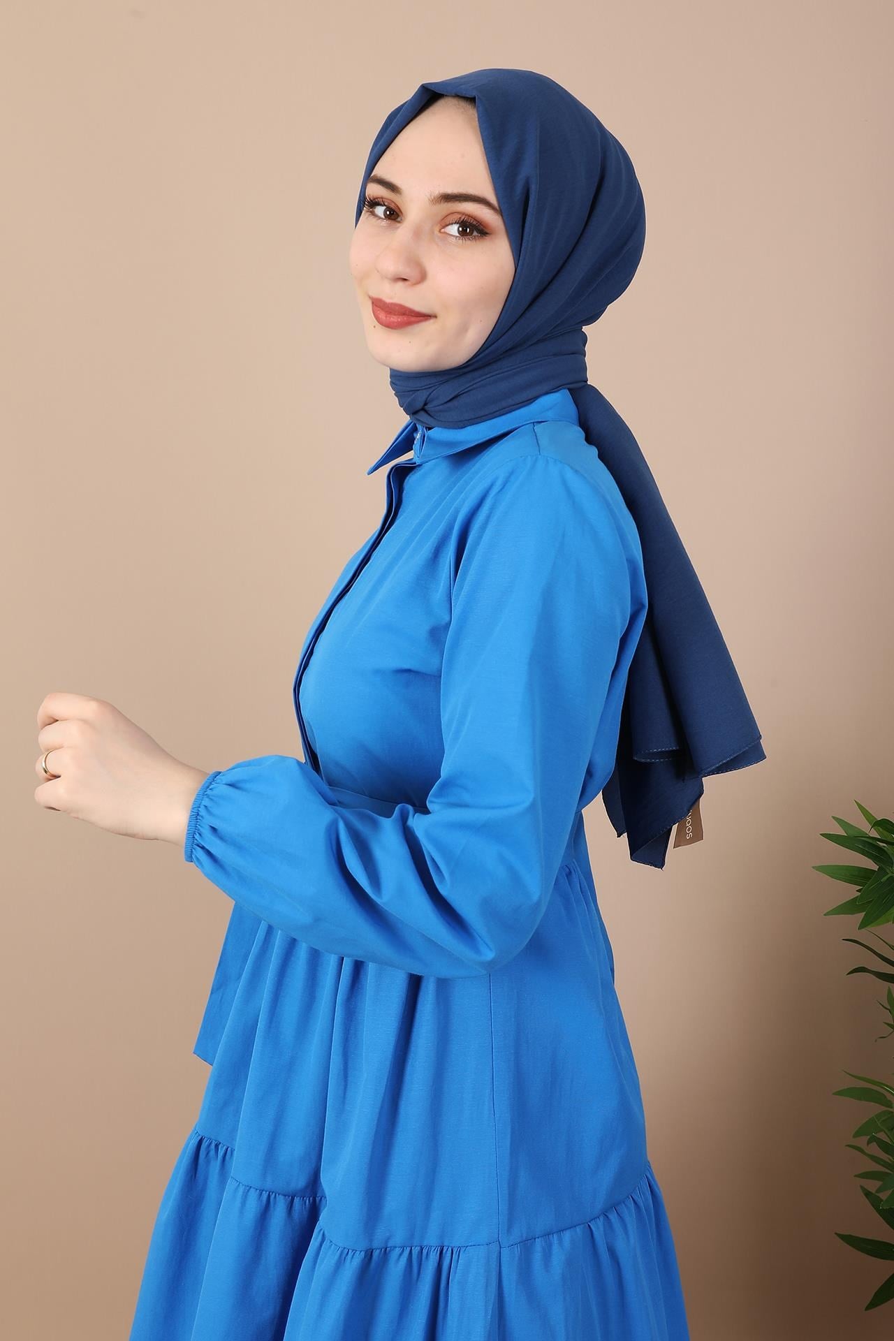 Standart Yaka Düğmeli Elbise Koyu Mavi
