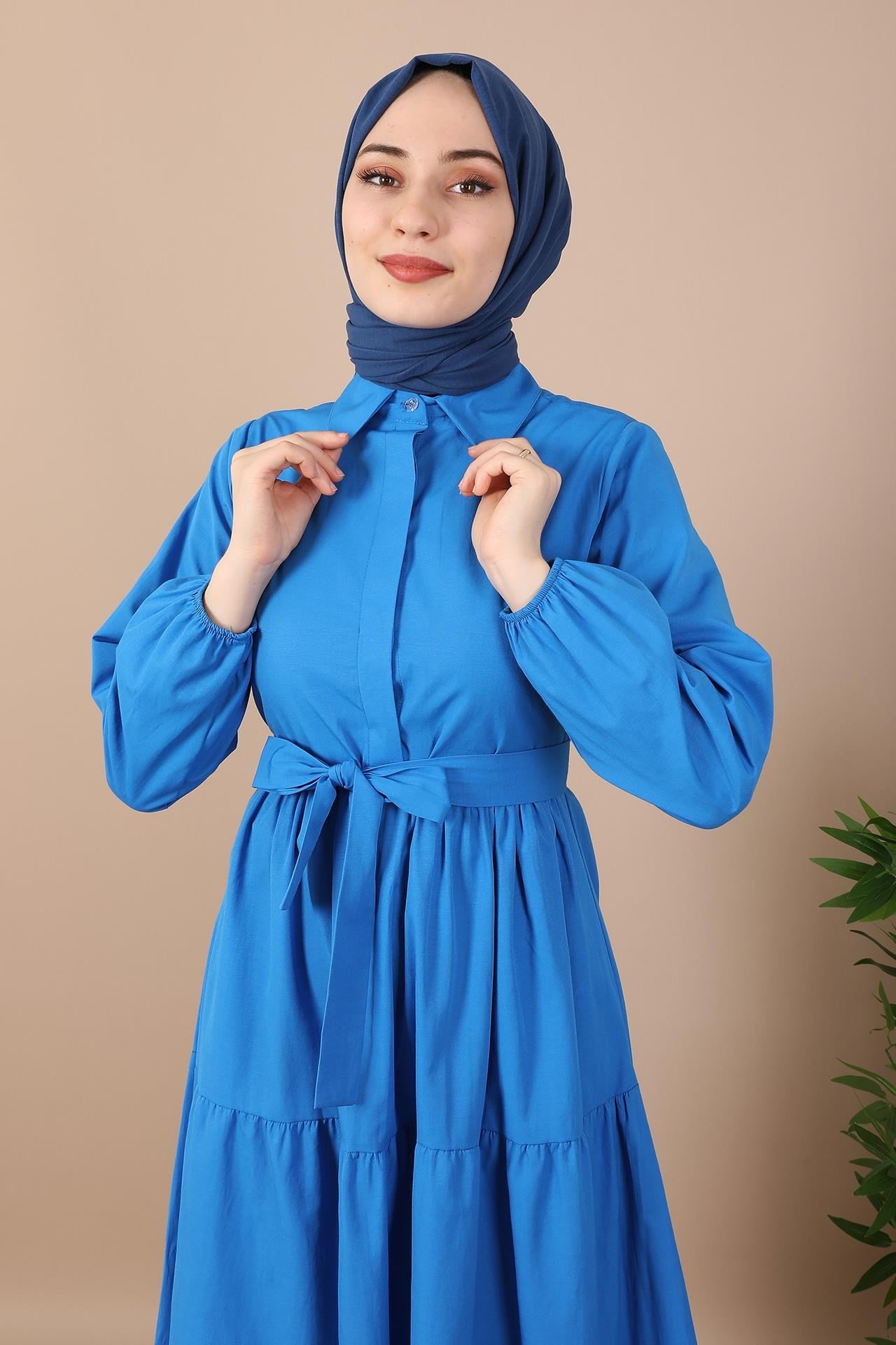 Standart Yaka Düğmeli Elbise Koyu Mavi