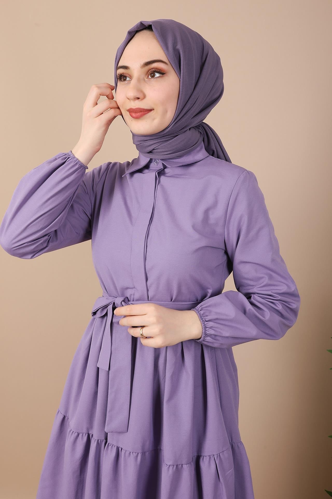 Standart Yaka Düğmeli Elbise Lila