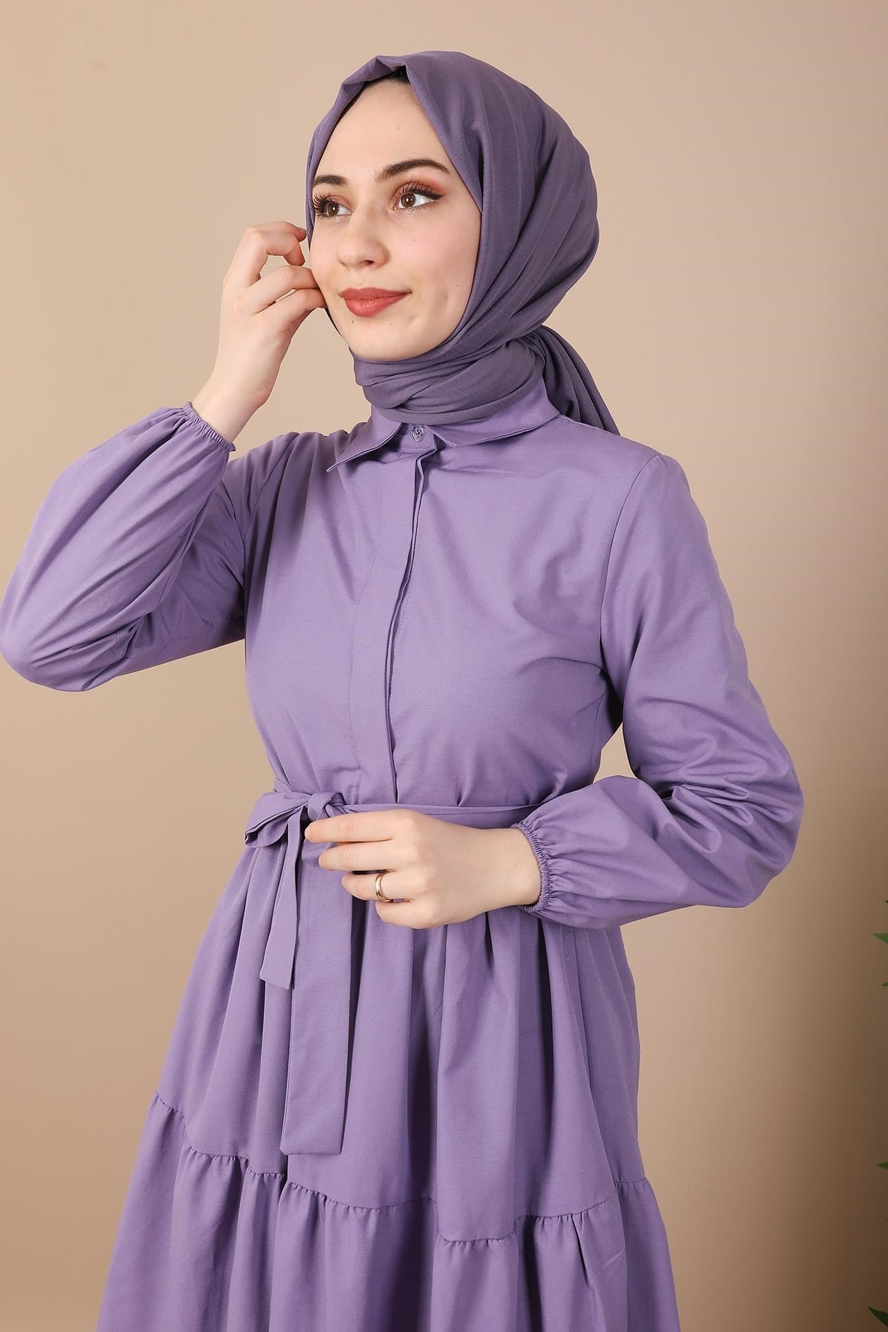 Standart Yaka Düğmeli Elbise Lila