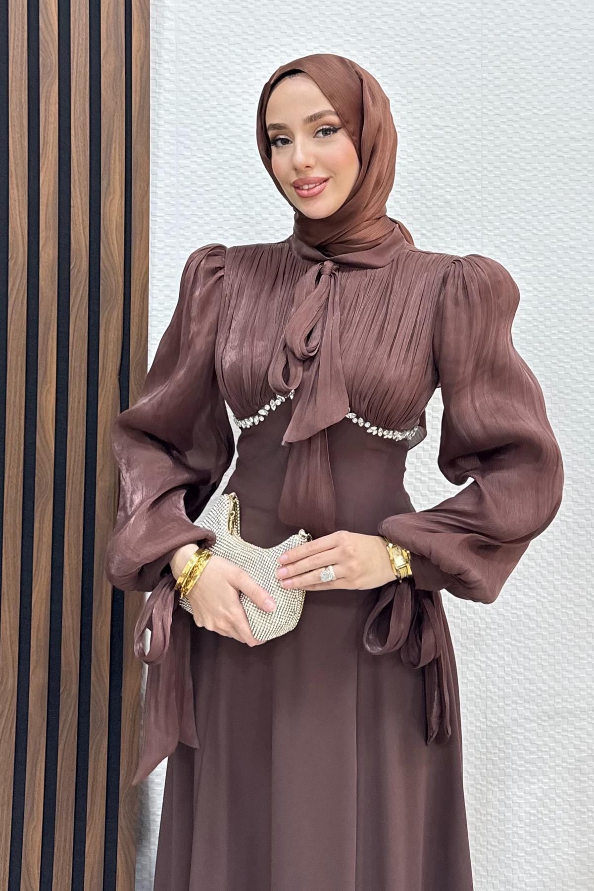 Tan Taş Detay Abiye Acı Kahve