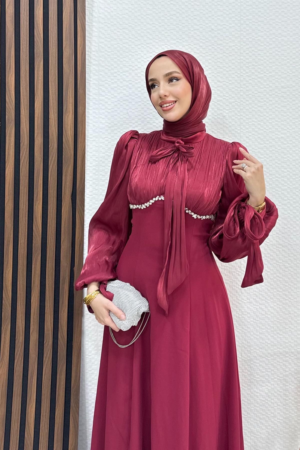 Tan Taş Detay Abiye Bordo