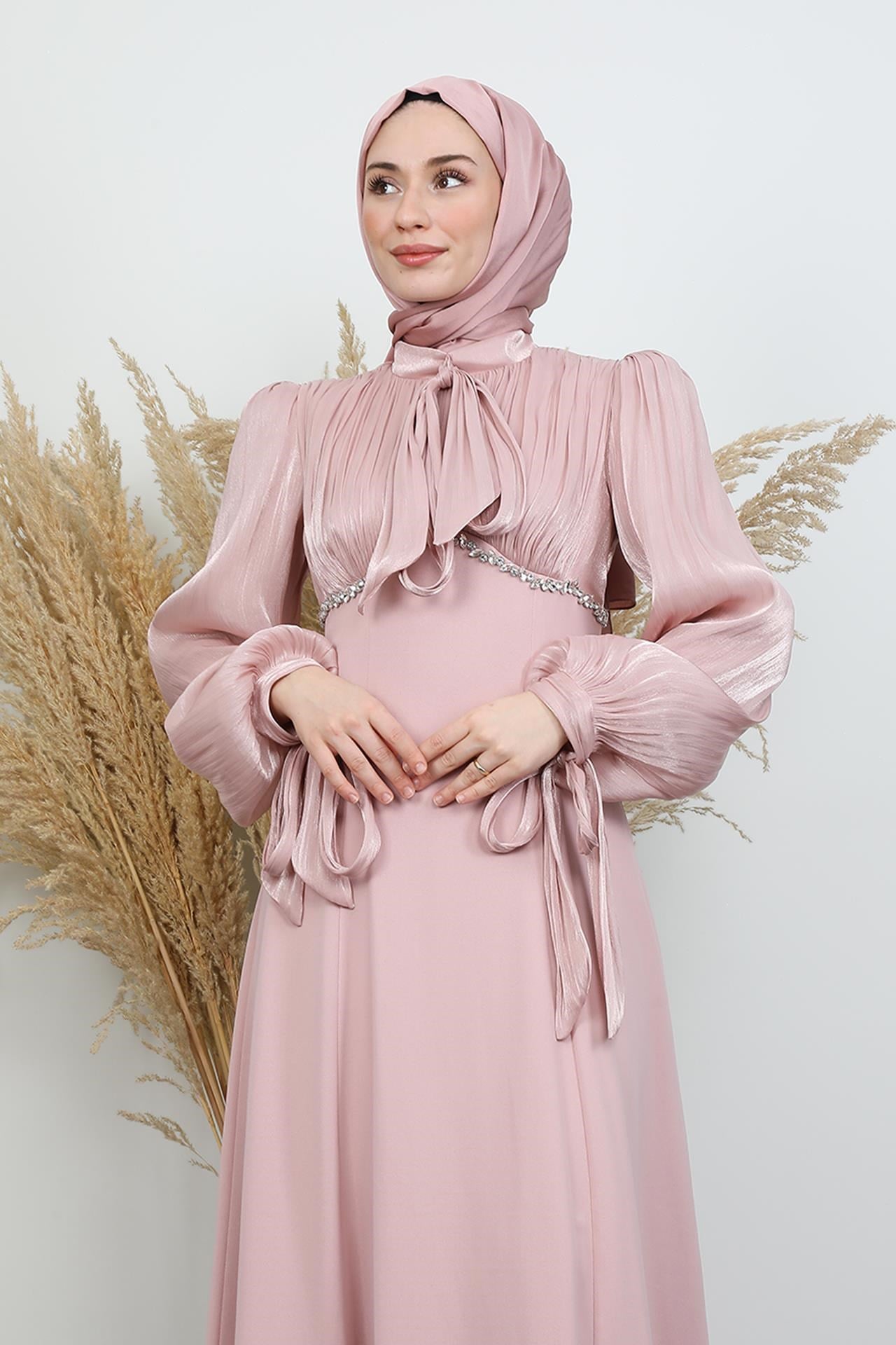 Tan Taş Detay Abiye Soft Pembe