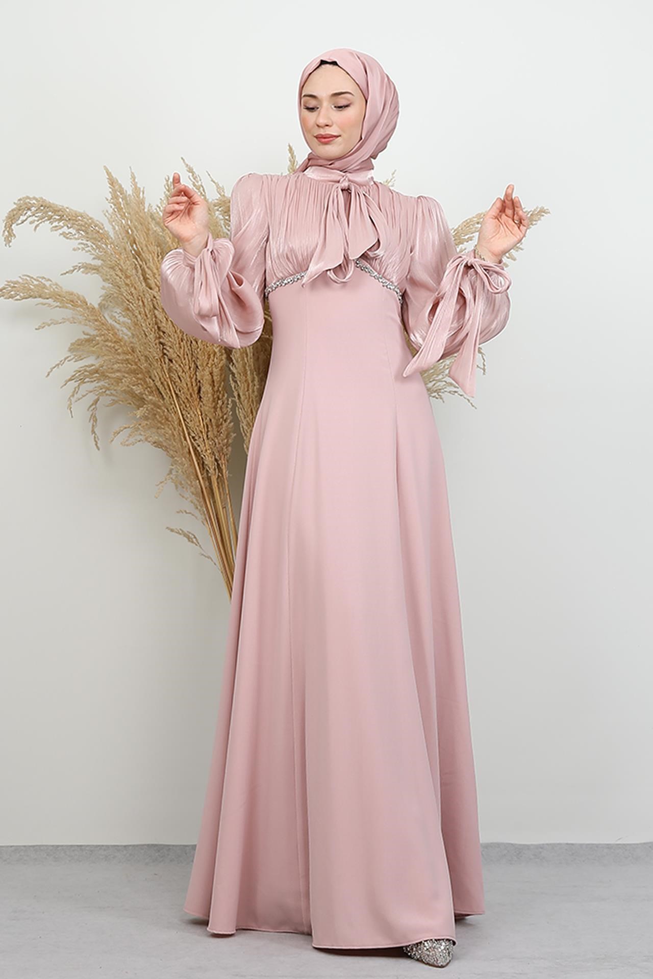 Tan Taş Detay Abiye Soft Pembe