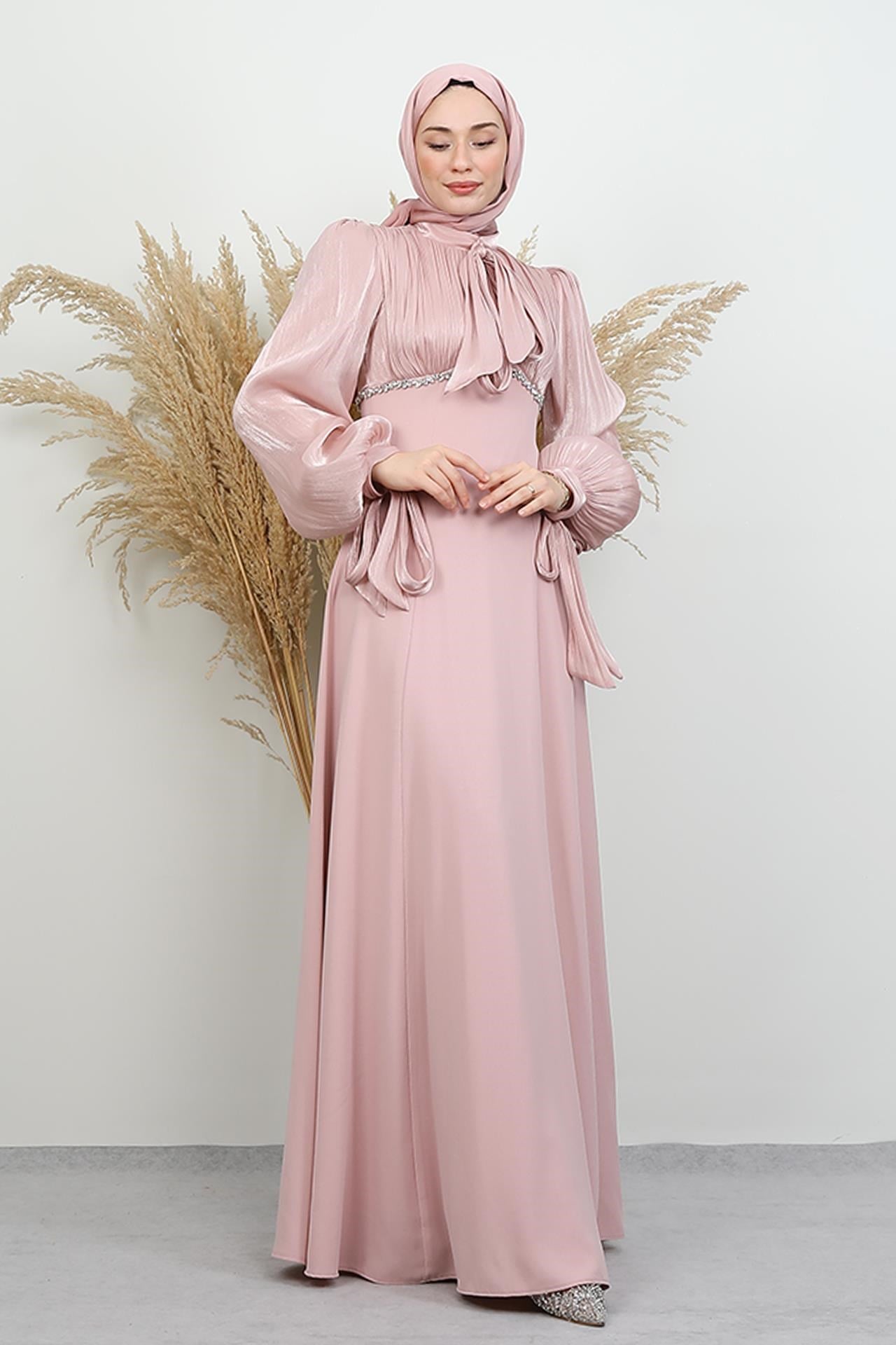 Tan Taş Detay Abiye Soft Pembe