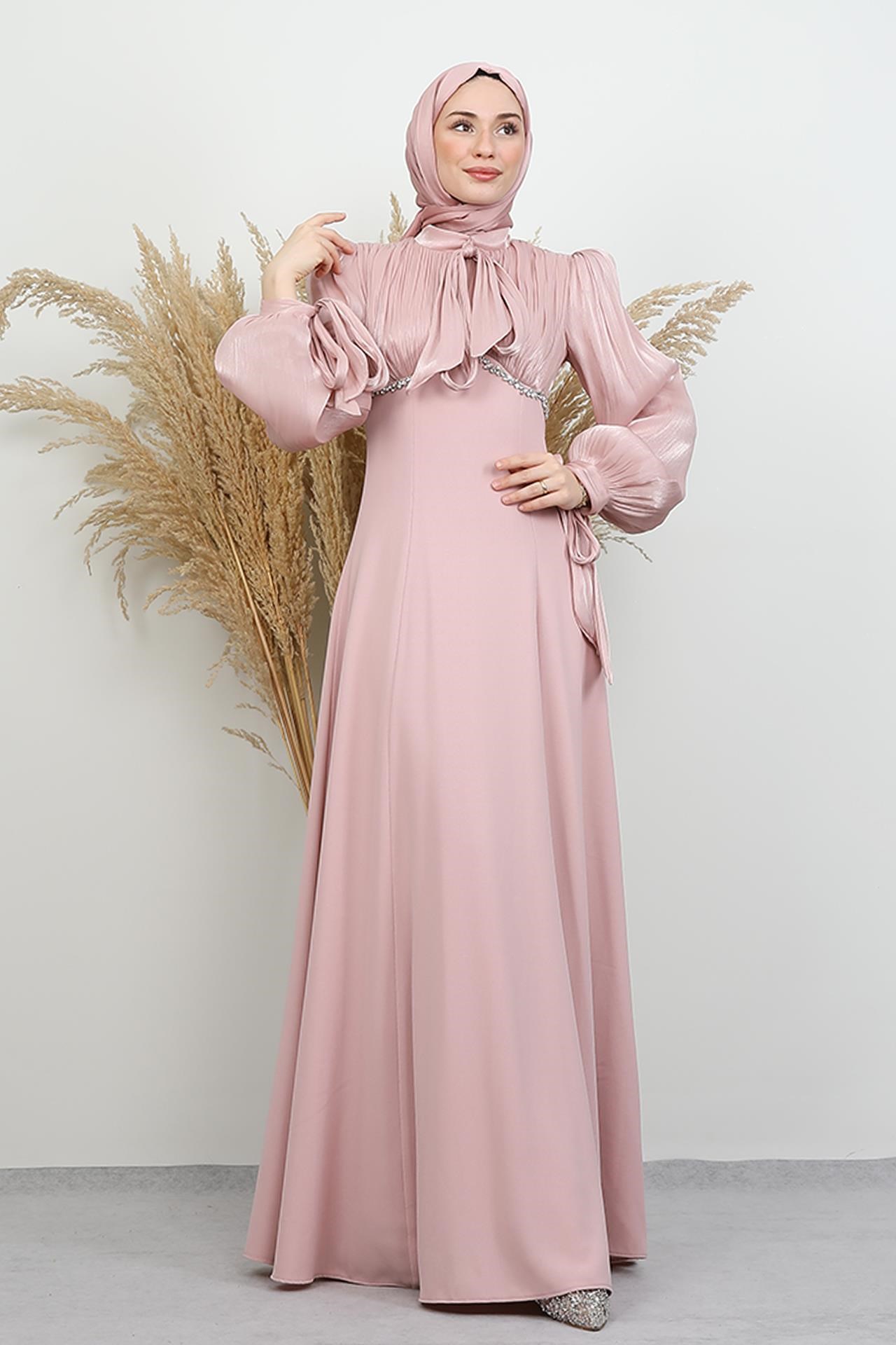 Tan Taş Detay Abiye Soft Pembe