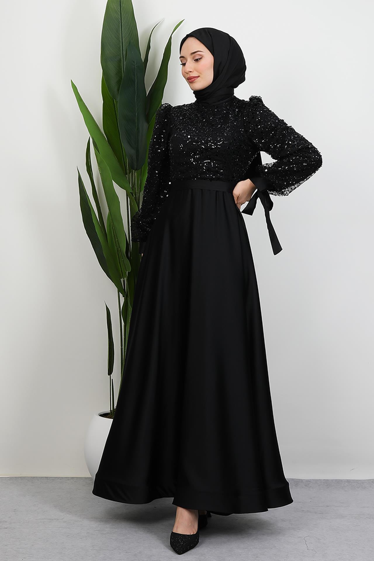 Tarlatanlı Pullu Abiye Siyah