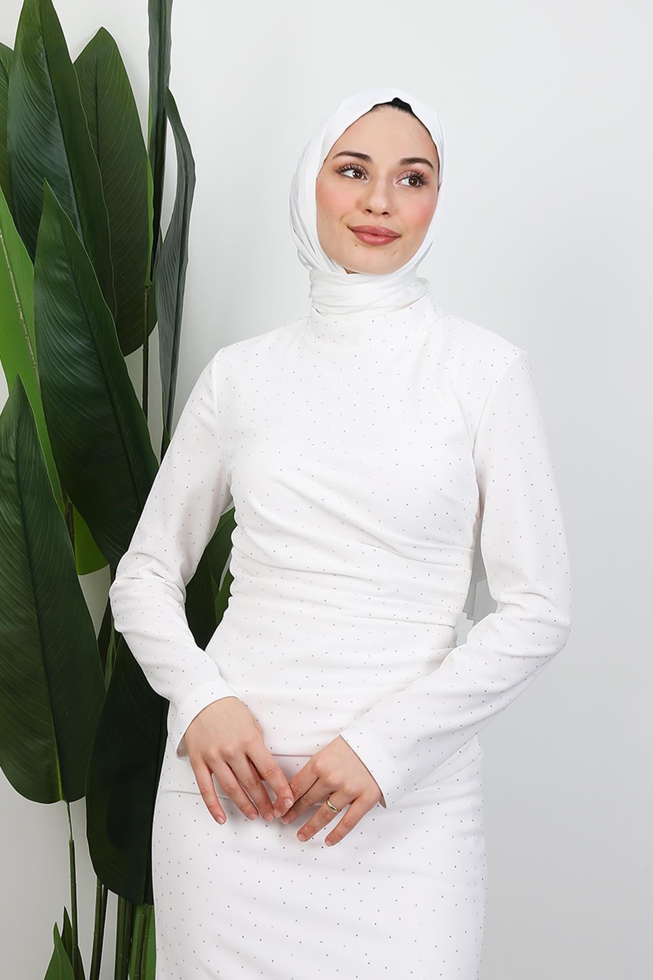 Taşlı Asena Elbise Beyaz
