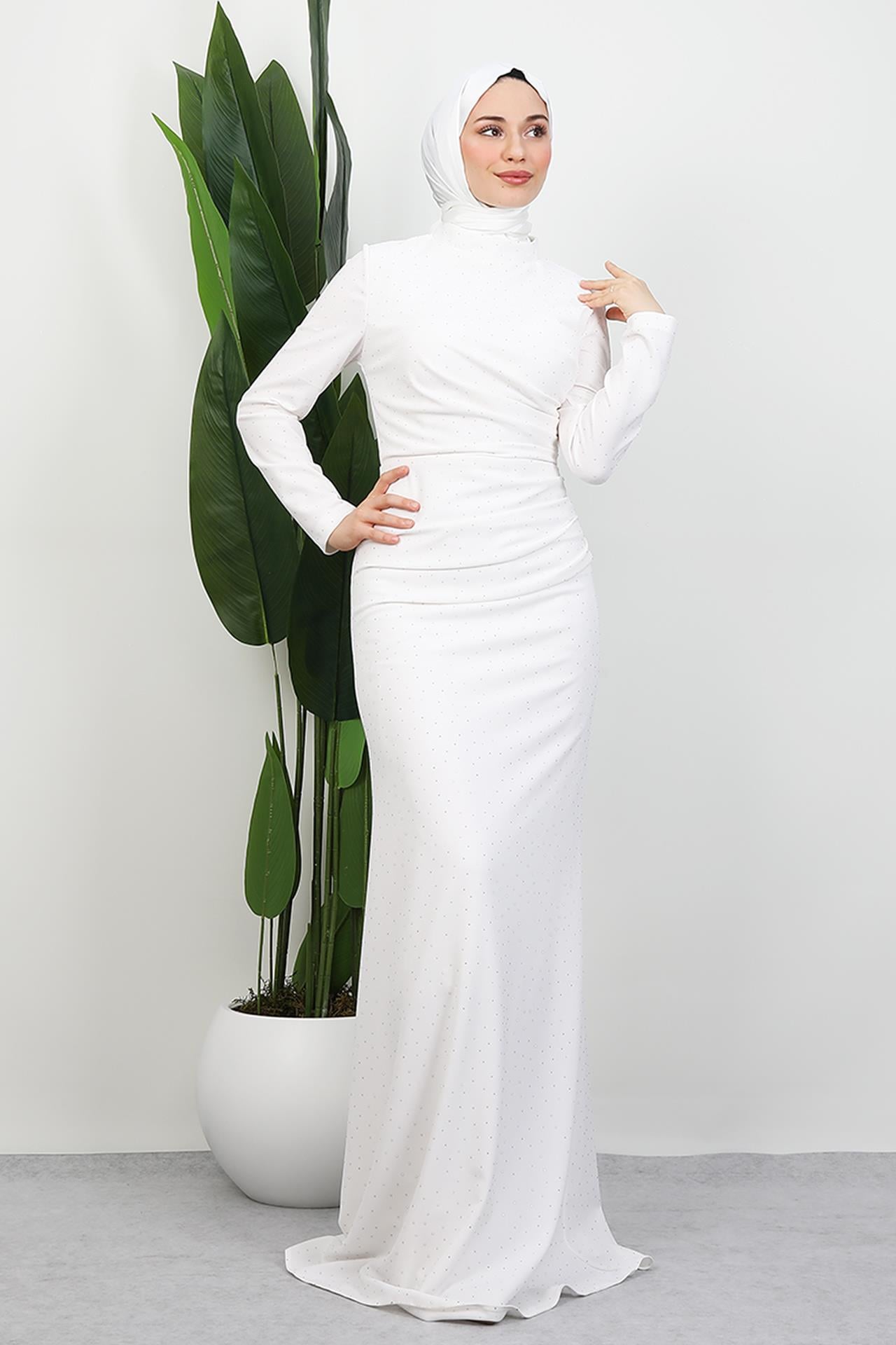 Taşlı Asena Elbise Beyaz