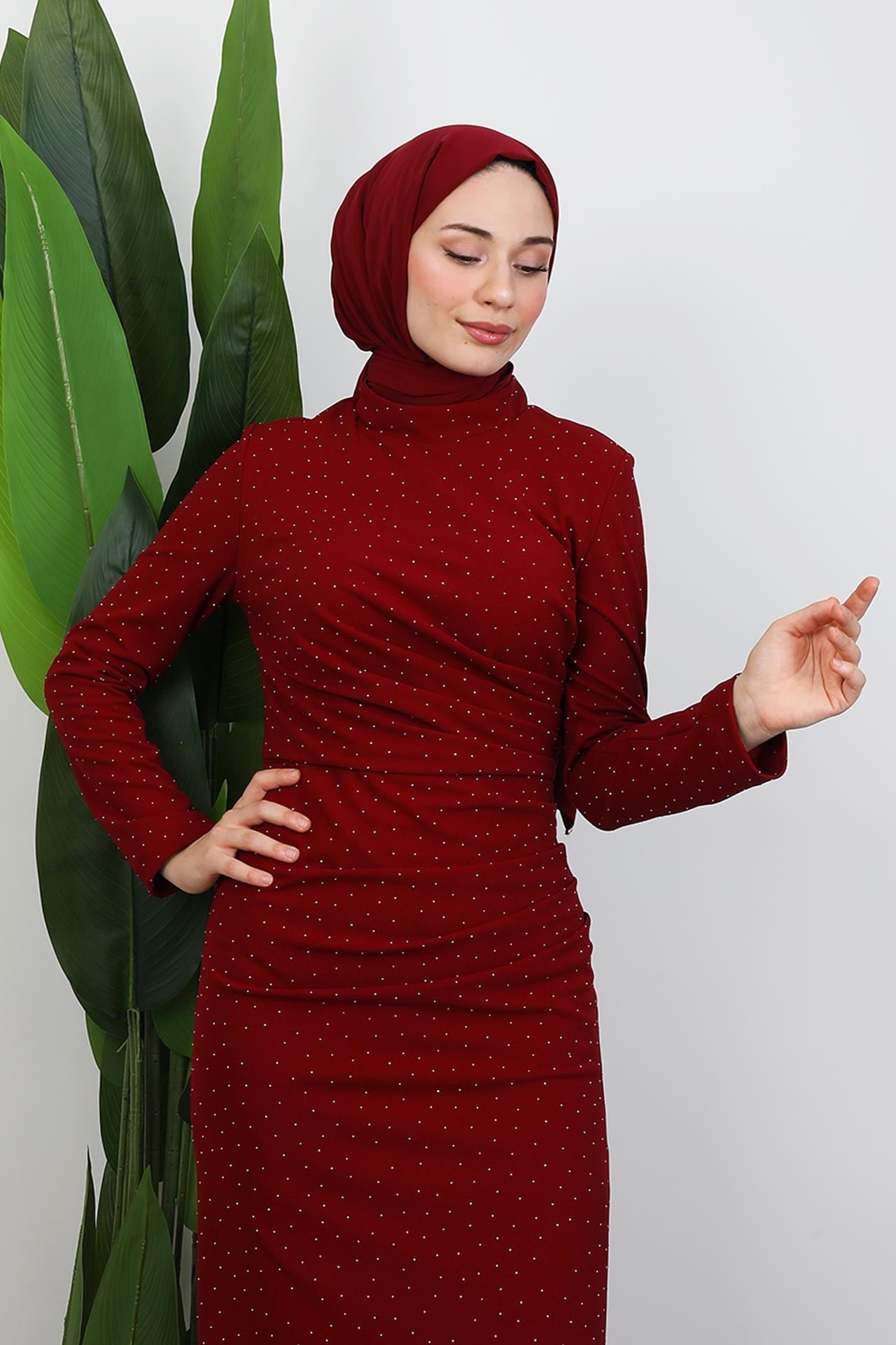 Taşlı Asena Elbise Bordo