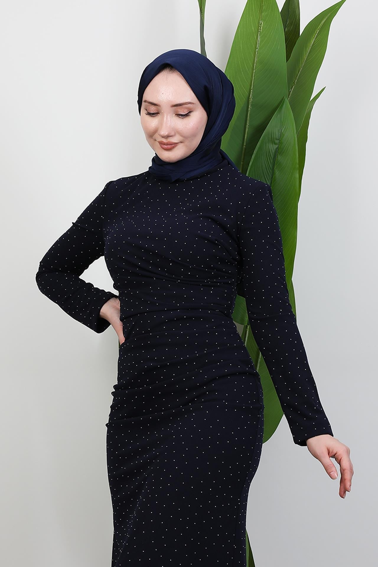 Taşlı Asena Elbise Lacivert