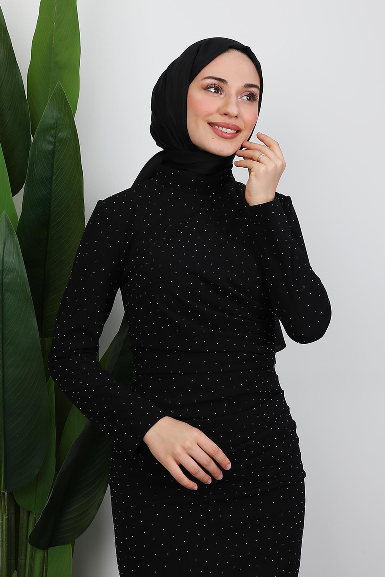 Taşlı Asena Elbise Siyah