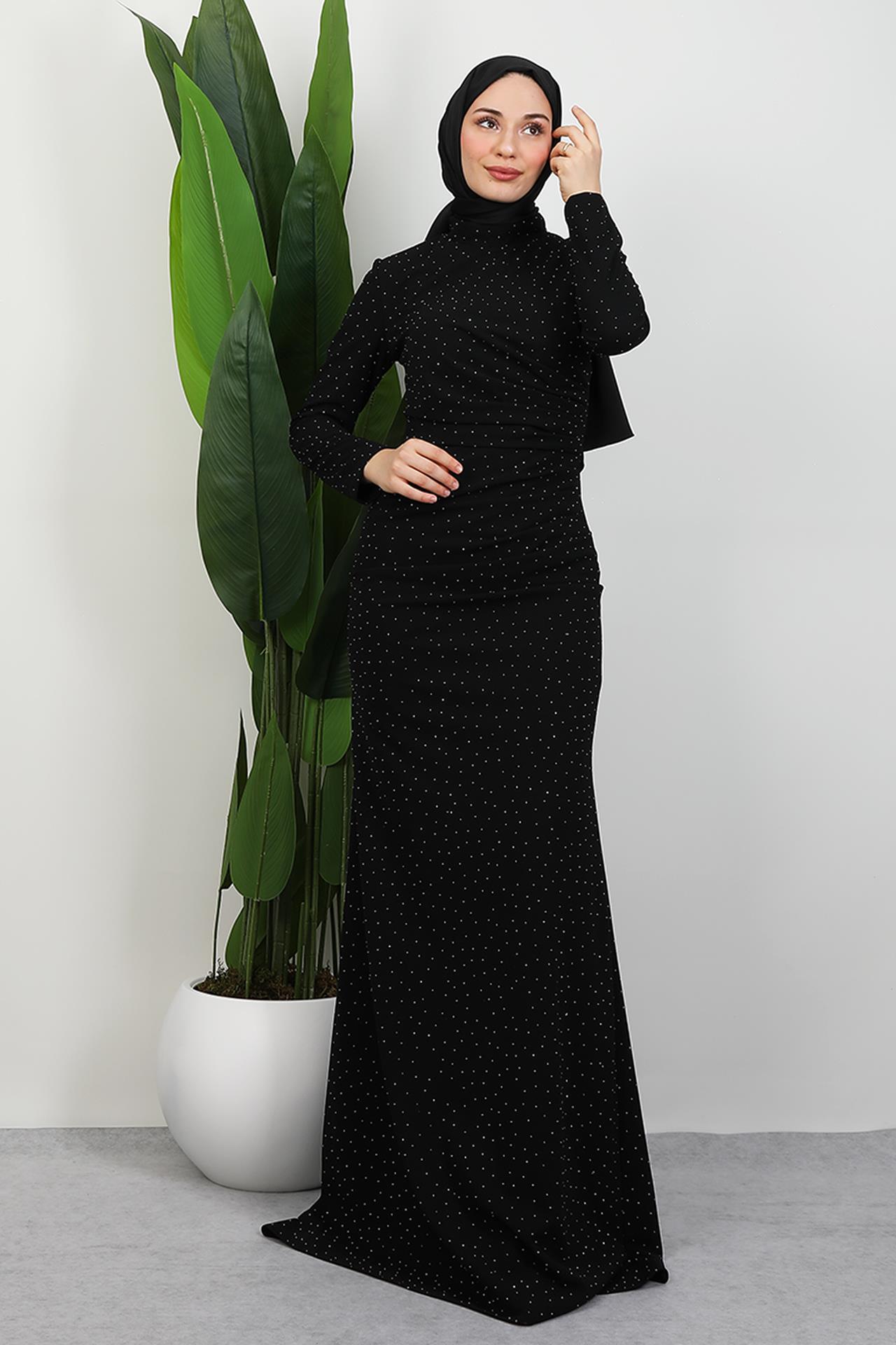 Taşlı Asena Elbise Siyah