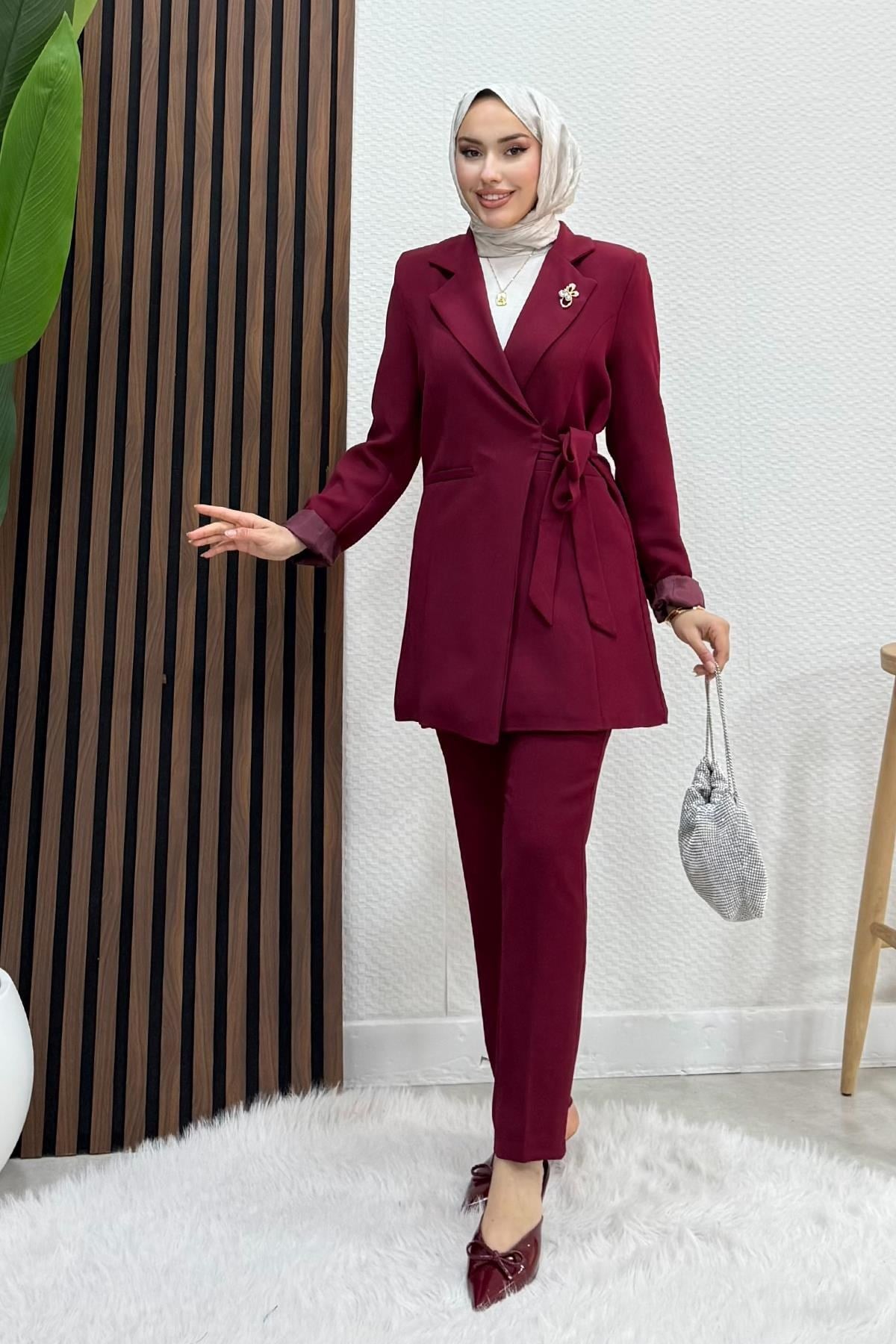 Taşlı Broşürlü Takım Bordo