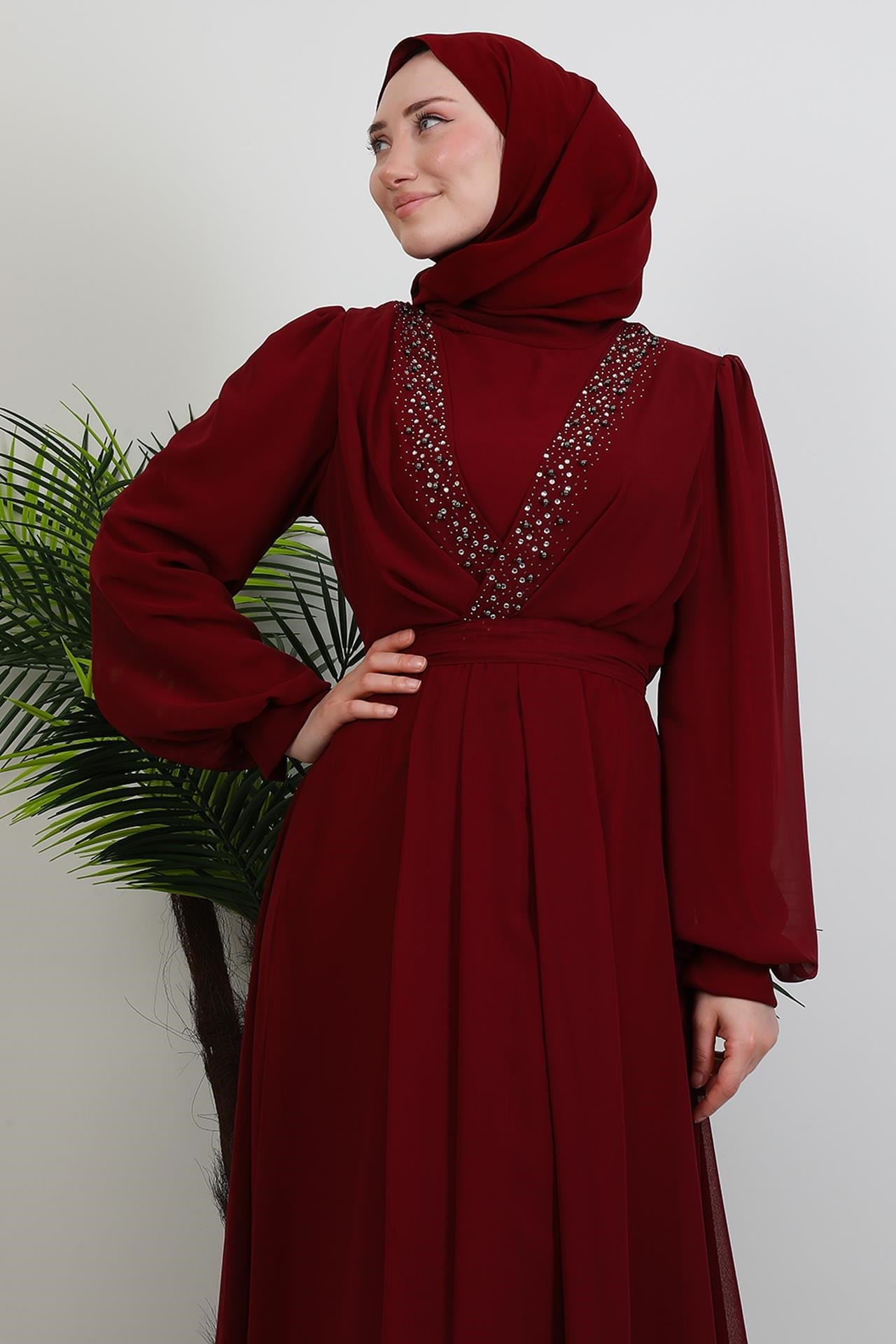 Taşlı Çapraz Şifon Elbise Bordo