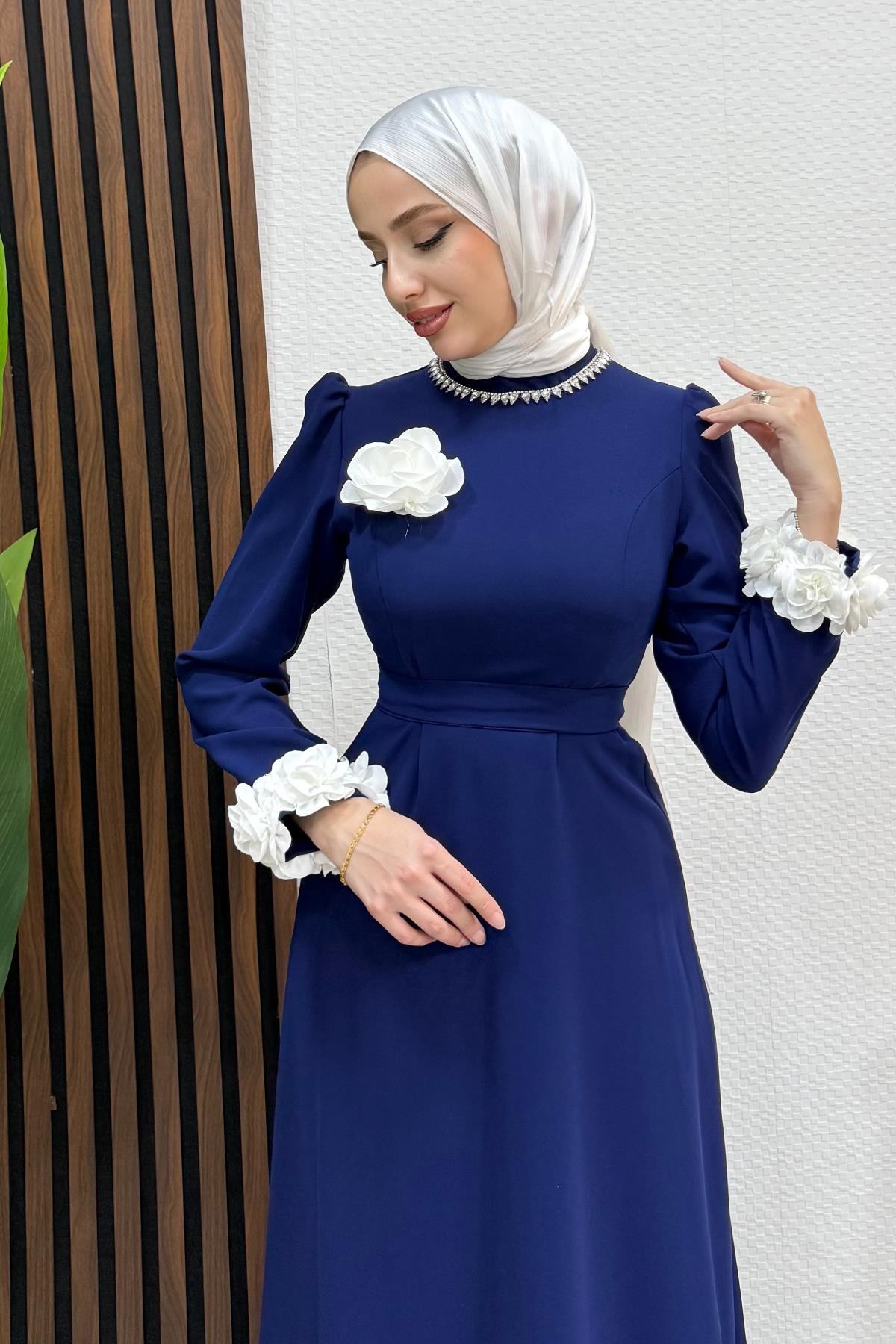 Taşlı Güllü Elbise Lacivert