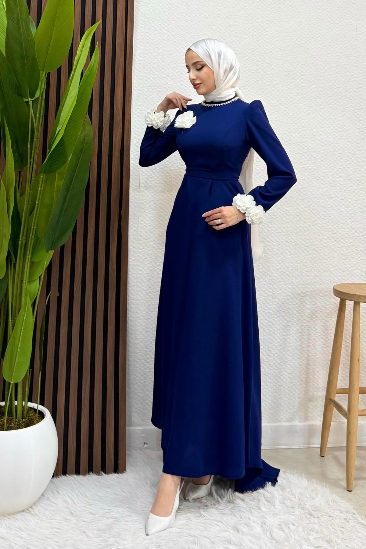 Taşlı Güllü Elbise Lacivert