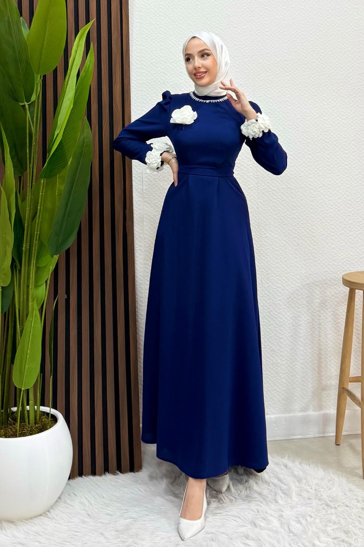 Taşlı Güllü Elbise Lacivert
