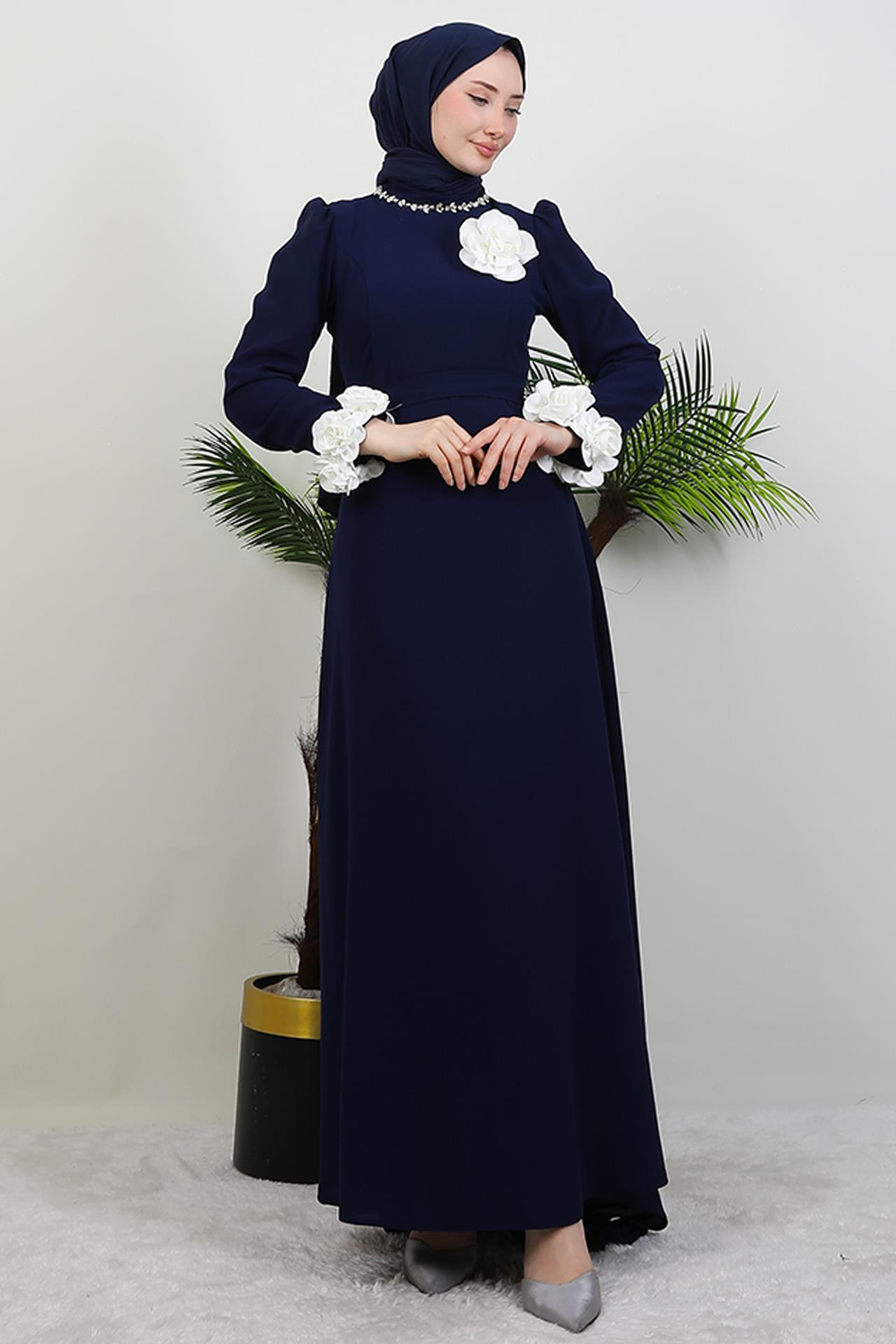 Taşlı Güllü Elbise Lacivert