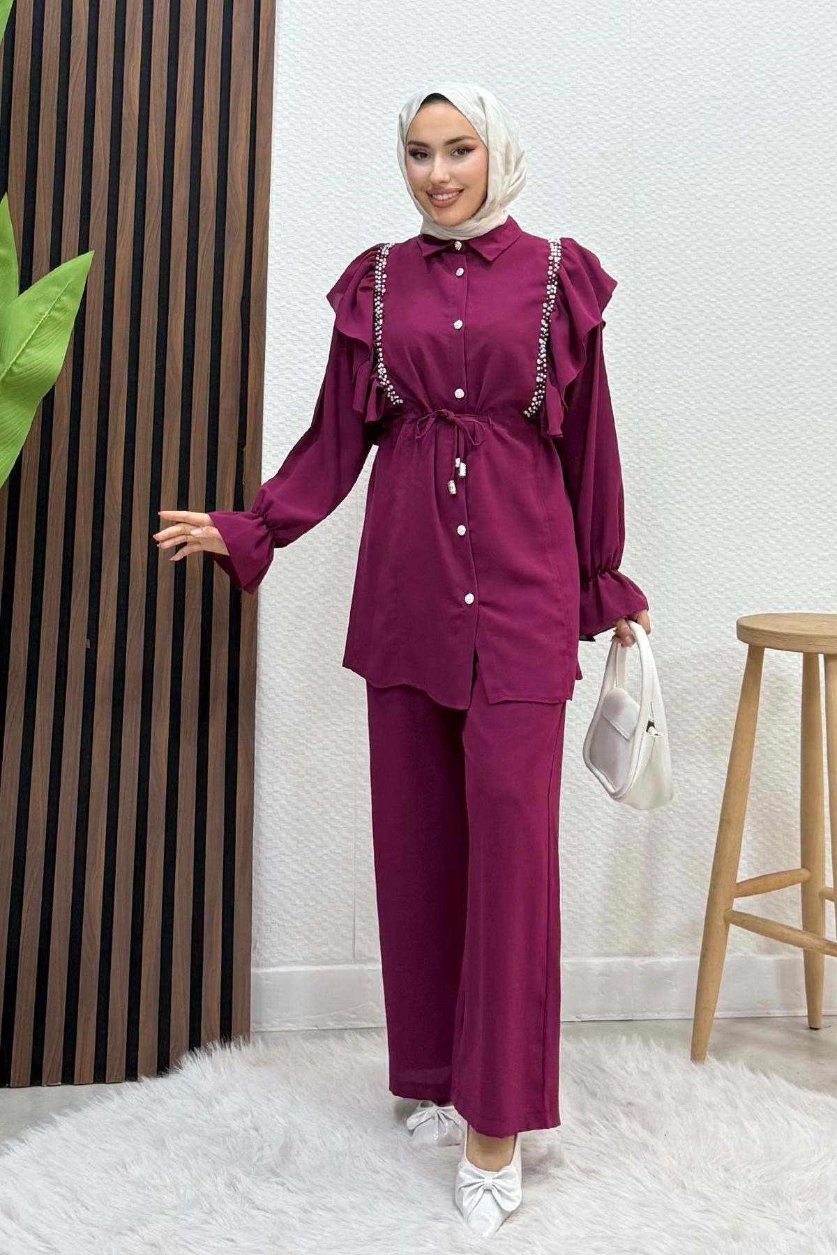 Taşlı Linda Takım Fuşya