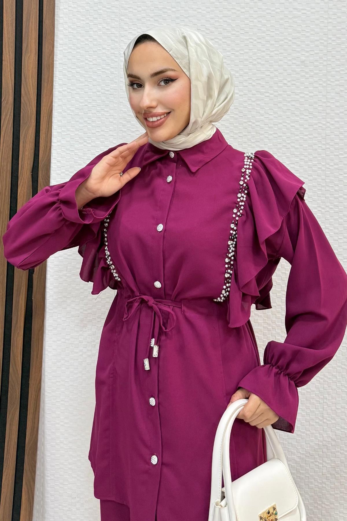 Taşlı Linda Takım Fuşya