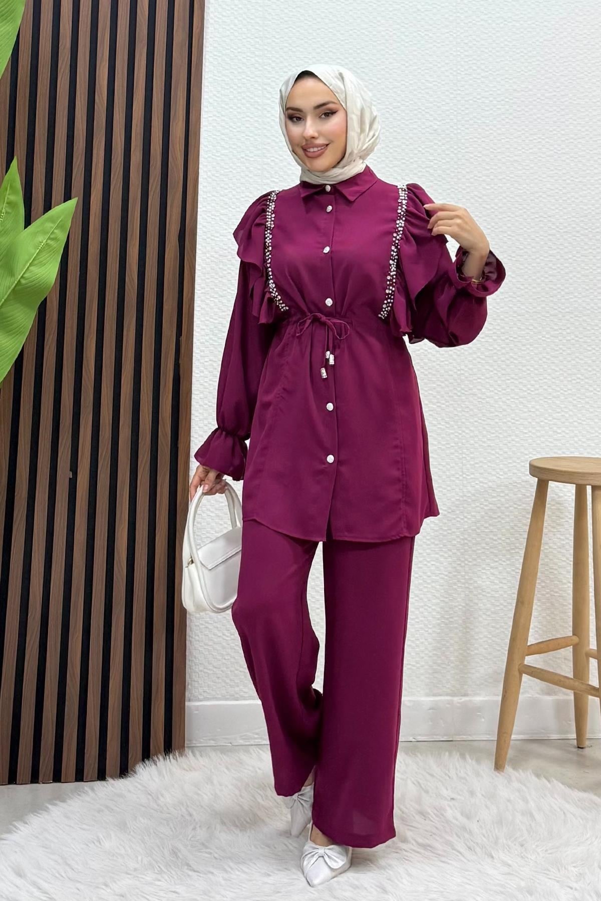 Taşlı Linda Takım Fuşya