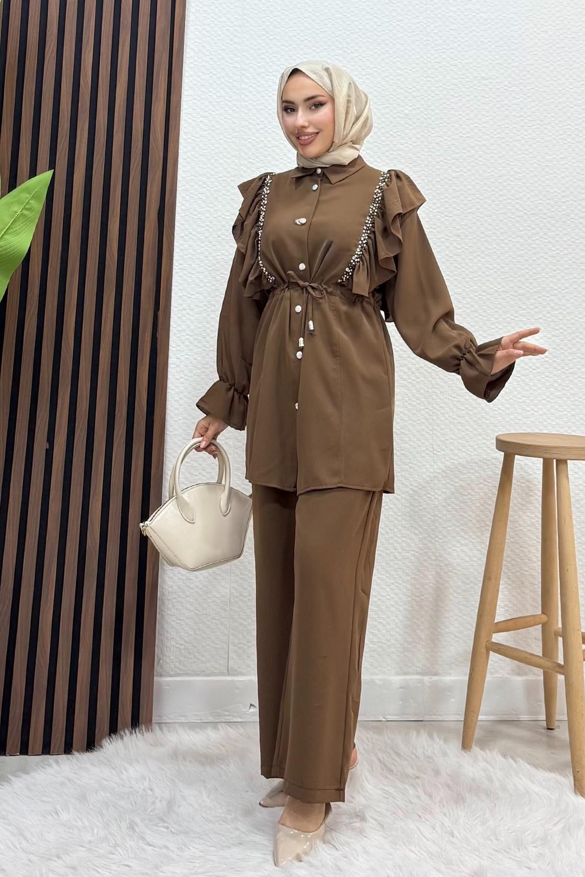 Taşlı Linda Takım Kahve