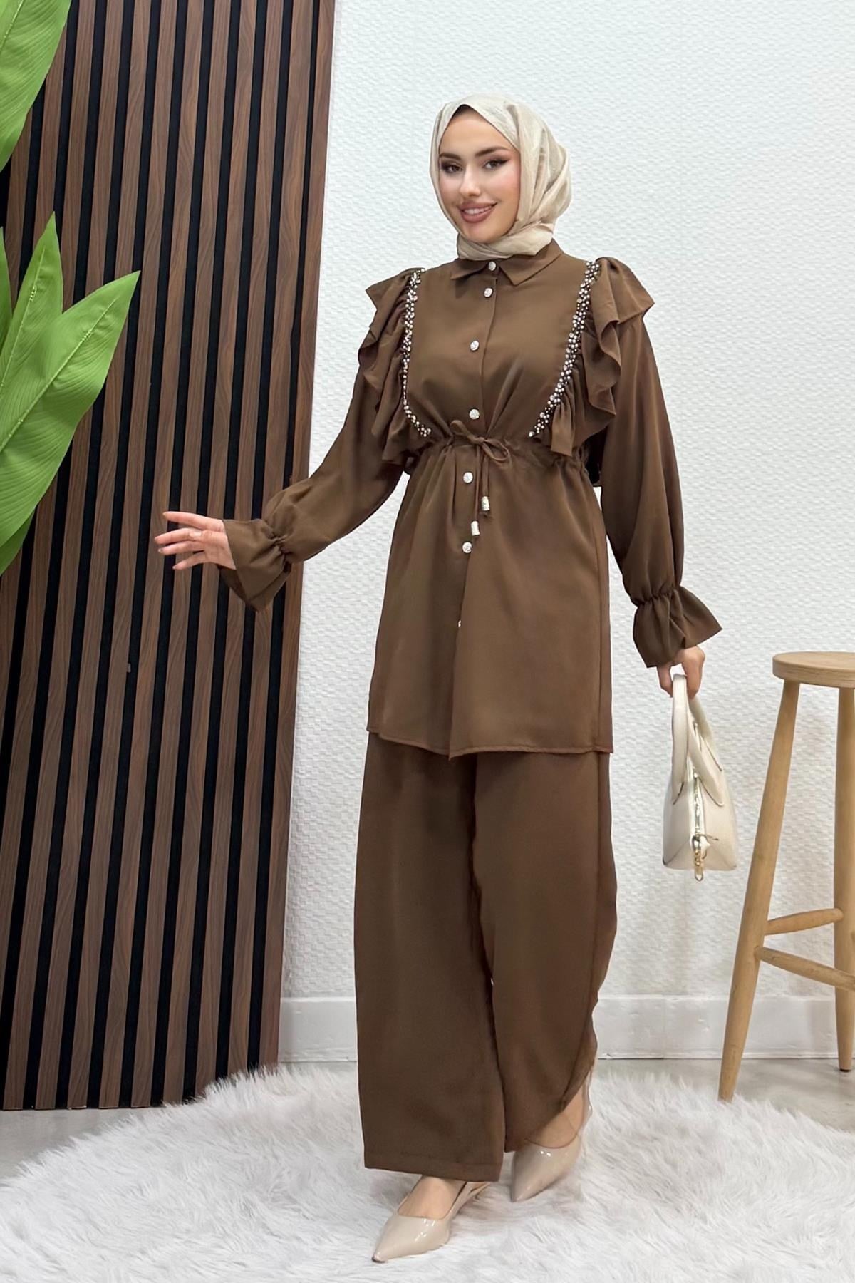 Taşlı Linda Takım Kahve