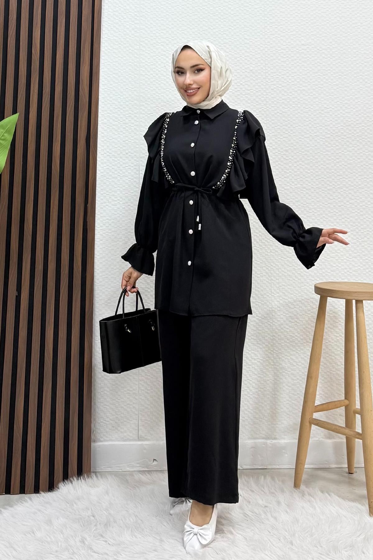 Taşlı Linda Takım Siyah